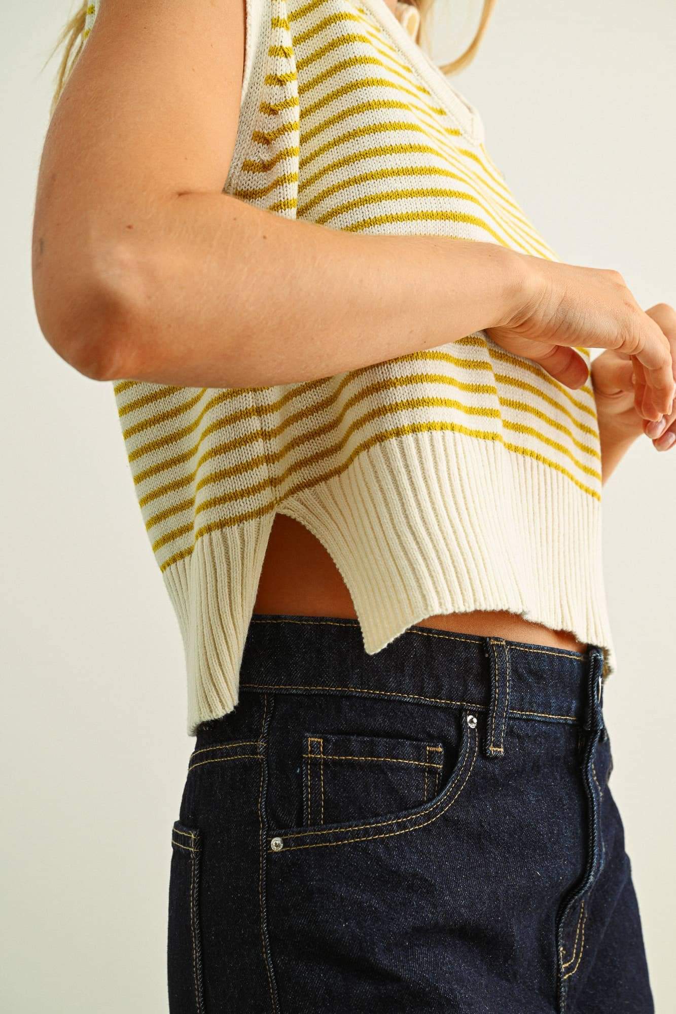 Lemon Stripe V-Neck Collar Knitted Top