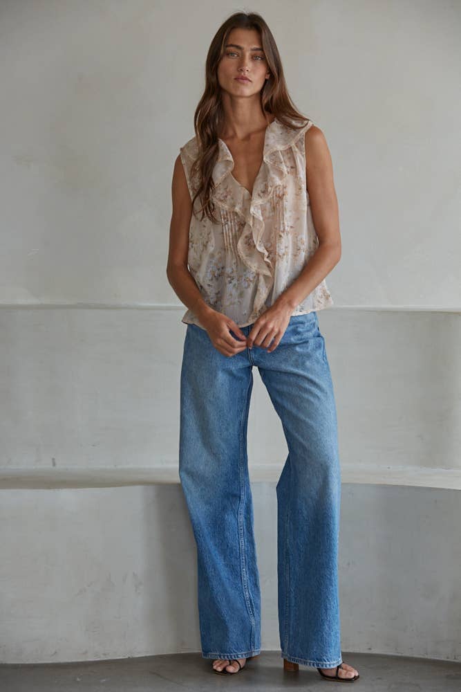 L9385T1 | Woven Polyester Floral Print V-Neck Sleeveless Top: Taupe Multi / S
