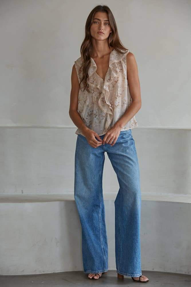 L9385T1 | Woven Polyester Floral Print V-Neck Sleeveless Top: Taupe Multi / S
