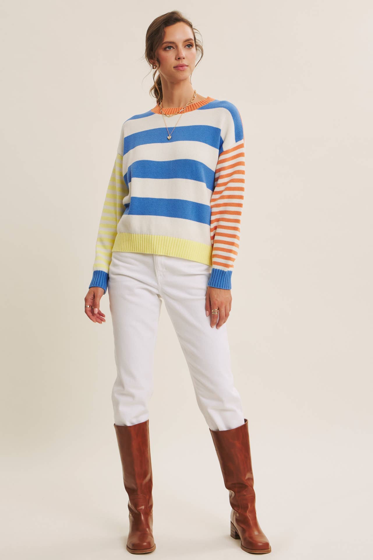 JOYFUL COLOR BLOCKED BOLD STRIPE RELAXED FIT COTTON SWEATER: BLUE/LEMON MULTI / S