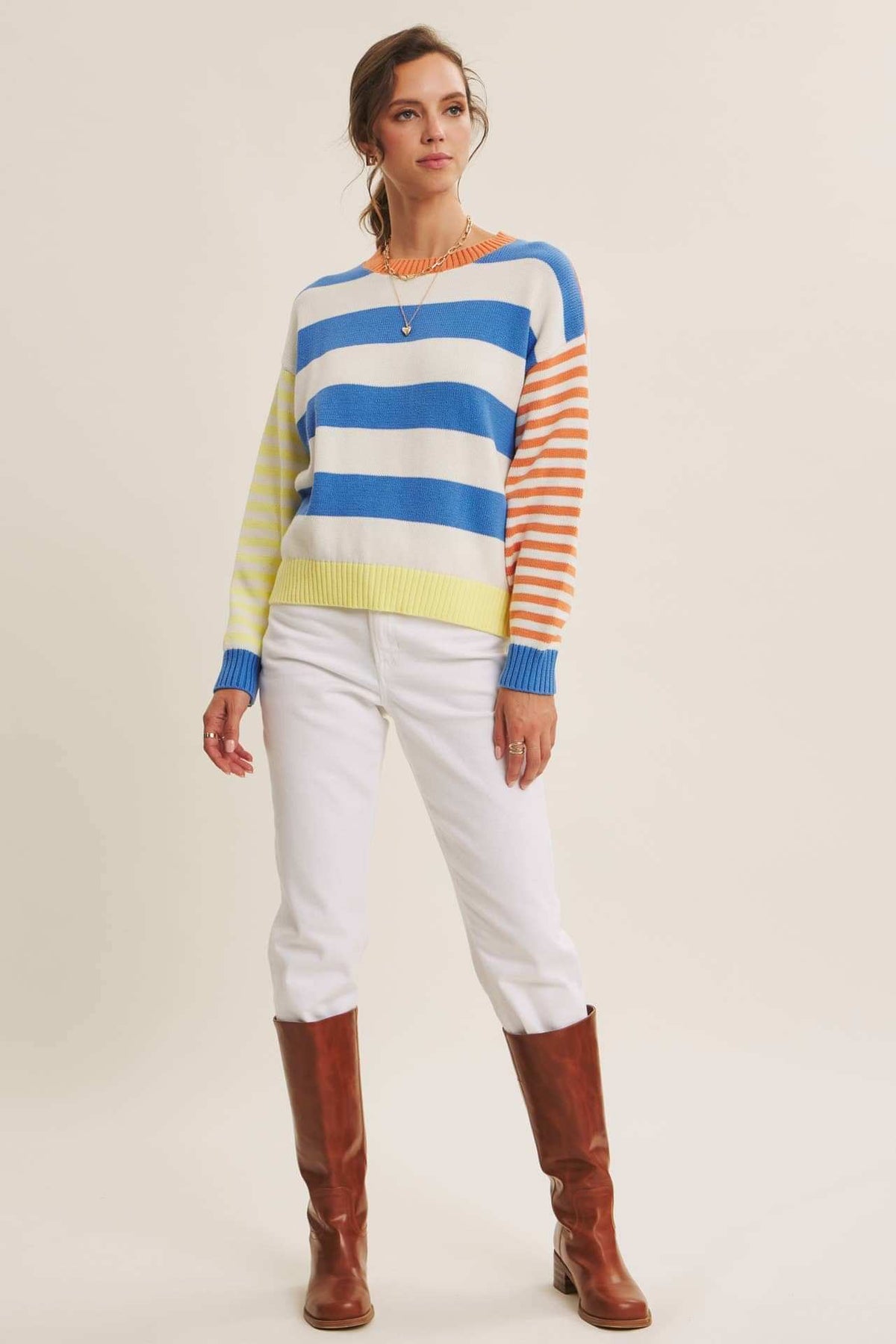 JOYFUL COLOR BLOCKED BOLD STRIPE RELAXED FIT COTTON SWEATER: BLUE/LEMON MULTI / S