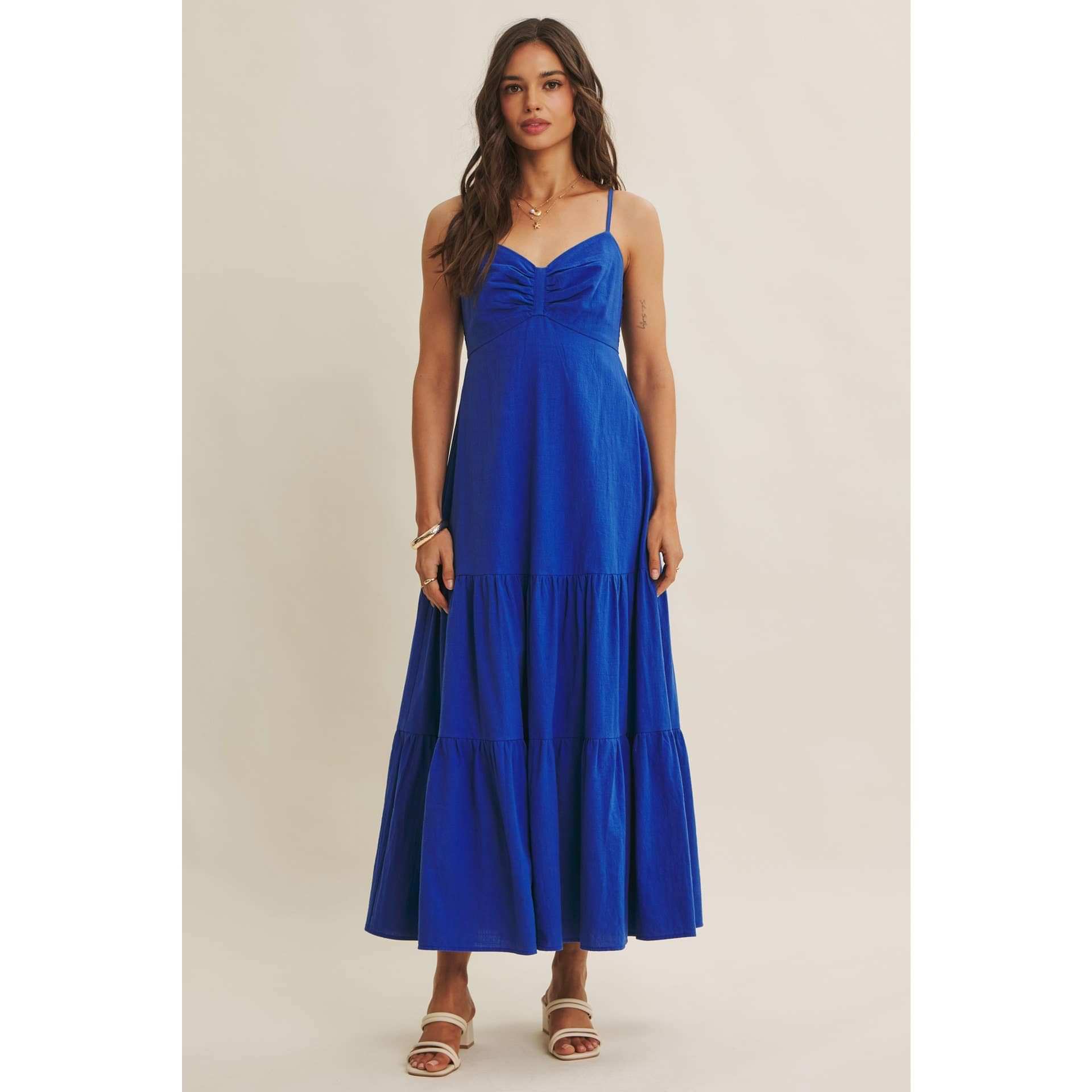 Royal Blue Smocked Back Ruched Cotton Maxi Dress with Pockets