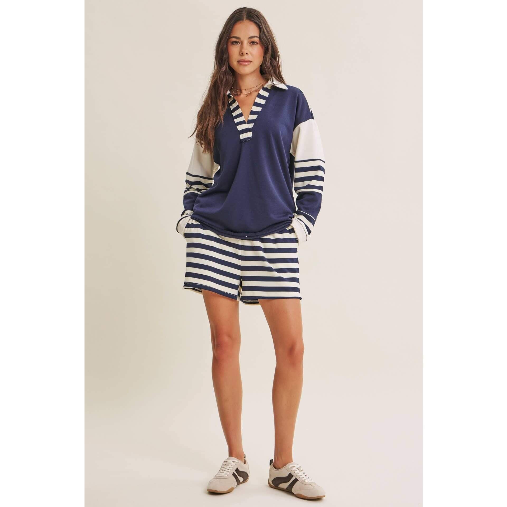 Coastal Stripe Relaxed French Terry Collared Top