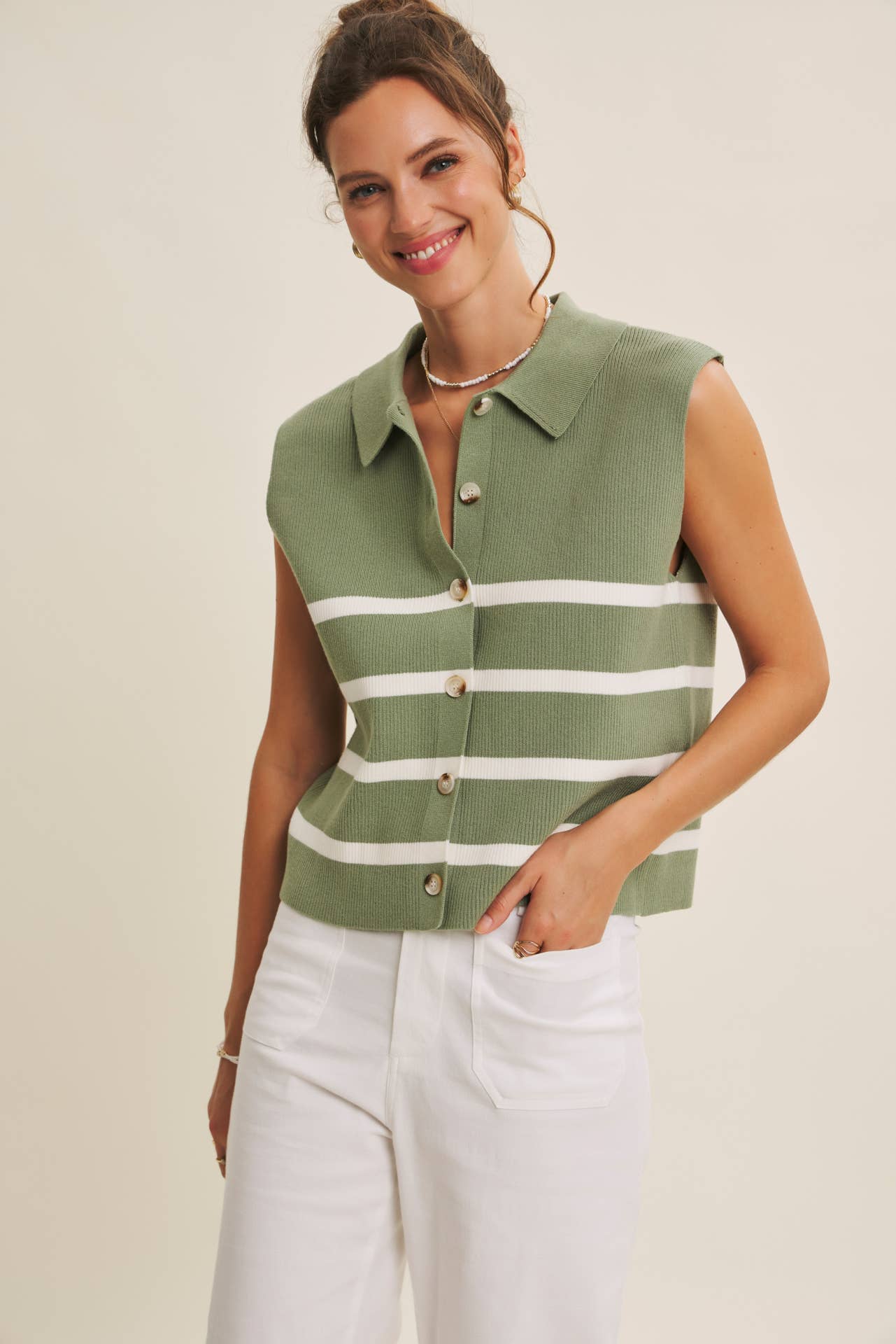 ALL SEASON LAYERING VISCOSE RIB BUTTON-DOWN SWEATER VEST: STONE GREEN / S