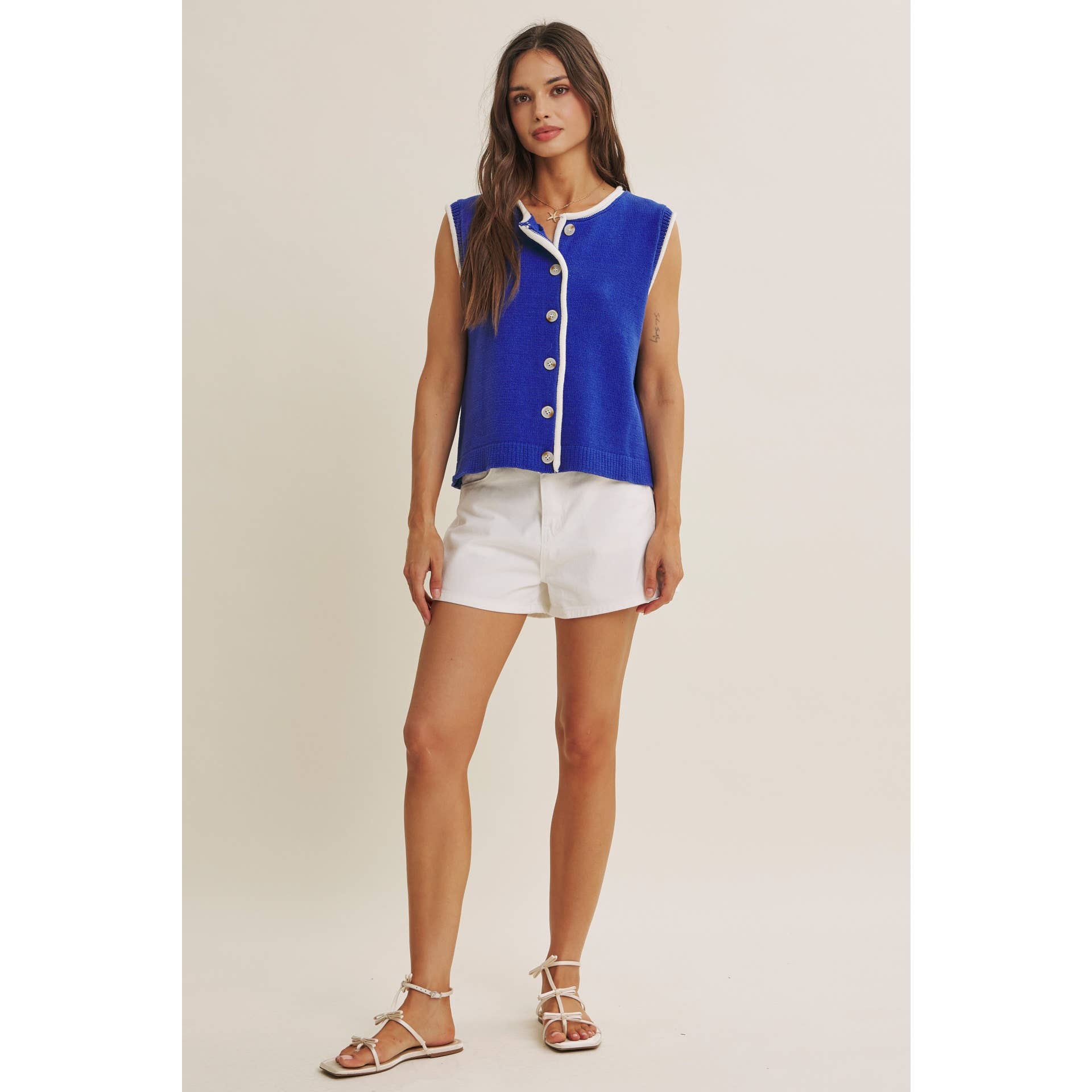 CONTEMPORARY COLOR POP BUTTON-DOWN SWEATER KNIT VEST: ROYAL BLUE / S | Stella & Grace Boutique .