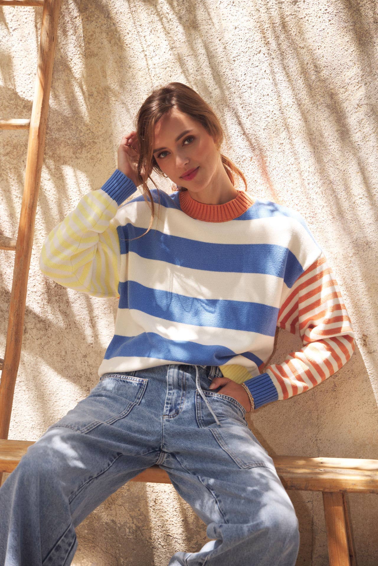 JOYFUL COLOR BLOCKED BOLD STRIPE RELAXED FIT COTTON SWEATER: BLUE/LEMON MULTI / S