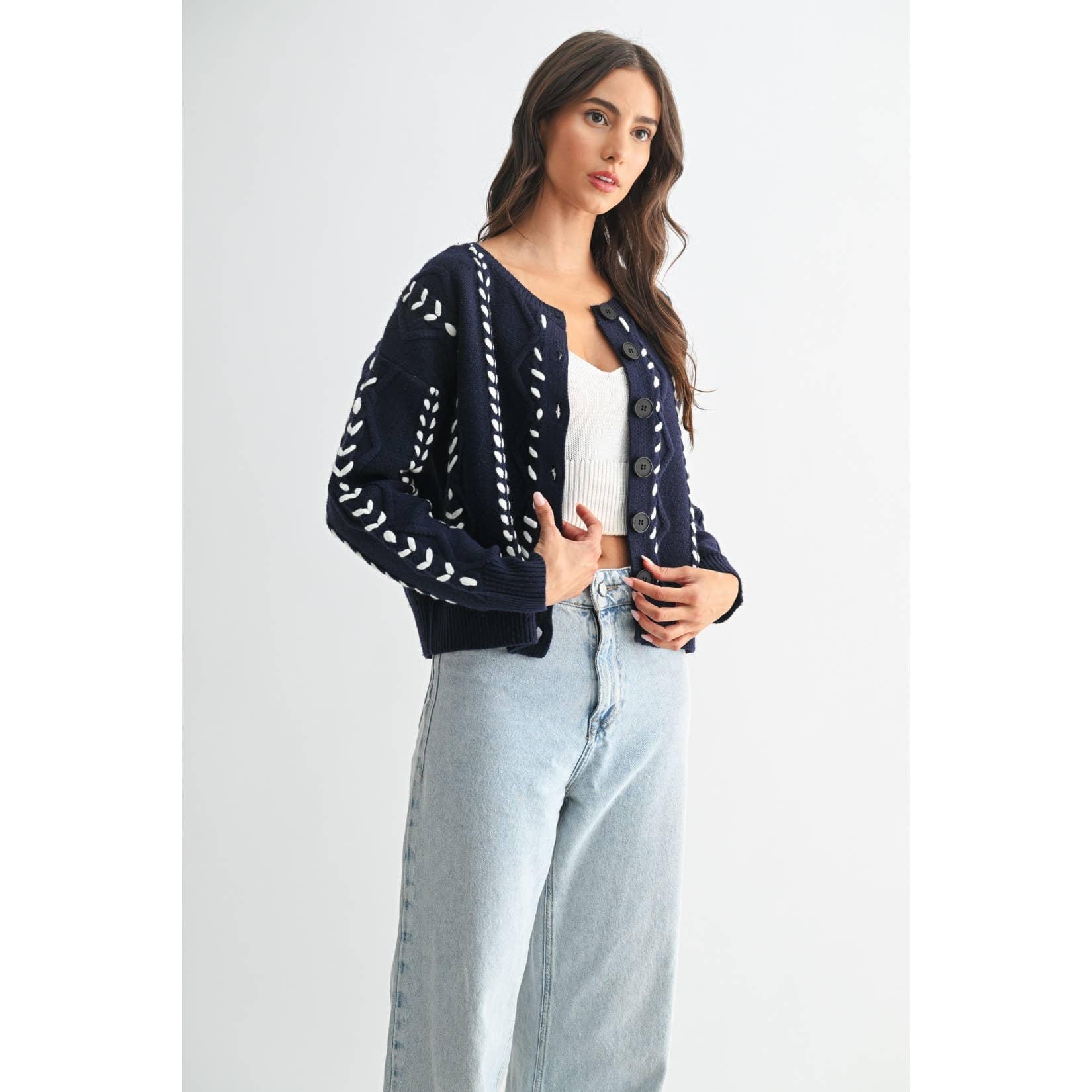 TORI RIBBON STITCH CABLE KNIT CARDIGAN : INDIGO/WHITE / S-M-L(3-2-1)