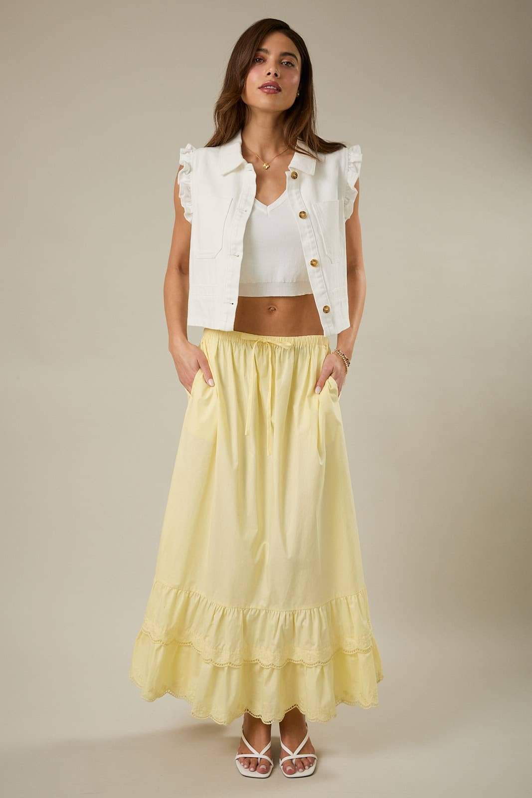RUFFLE SLEEVE BUTTON DOWN TWILL VEST: White / S