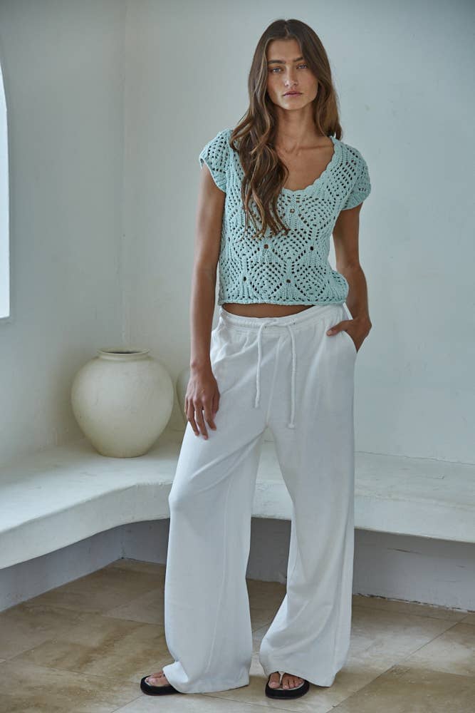 W2030 | Knit Sweater Cotton Crochet V-Neck Cap Sleeve Top: Light Mint / S