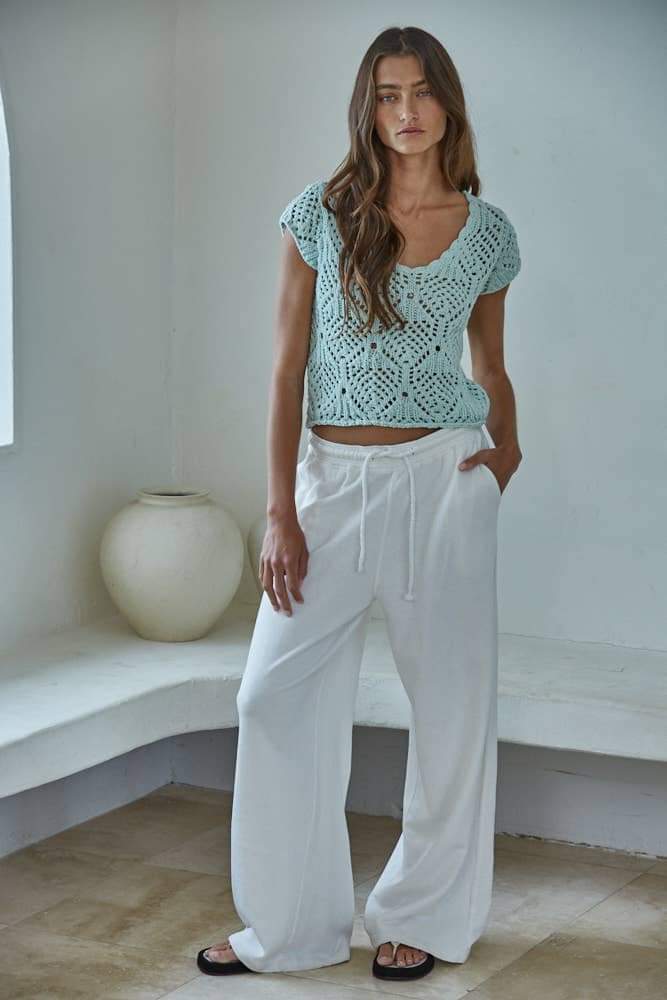 W2030 | Knit Sweater Cotton Crochet V-Neck Cap Sleeve Top: Light Mint / S