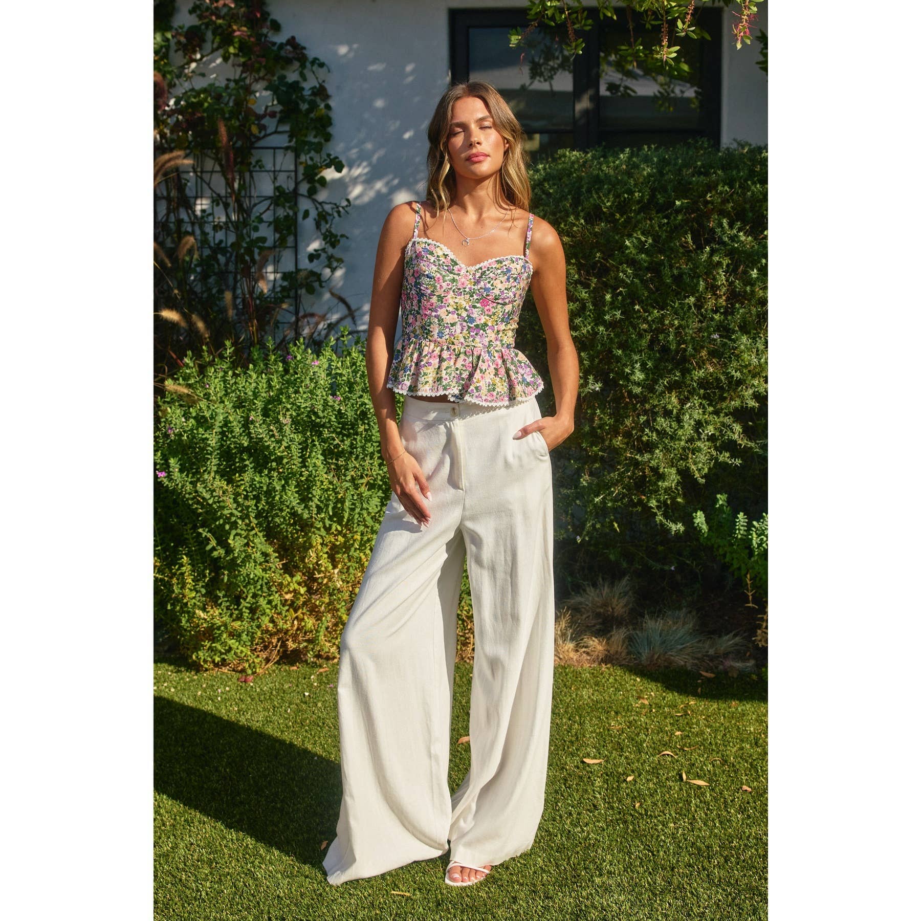 Morning Glory Flared Cami Top (1): PINK GREEN FLORAL / S-M-L(3-2-1)