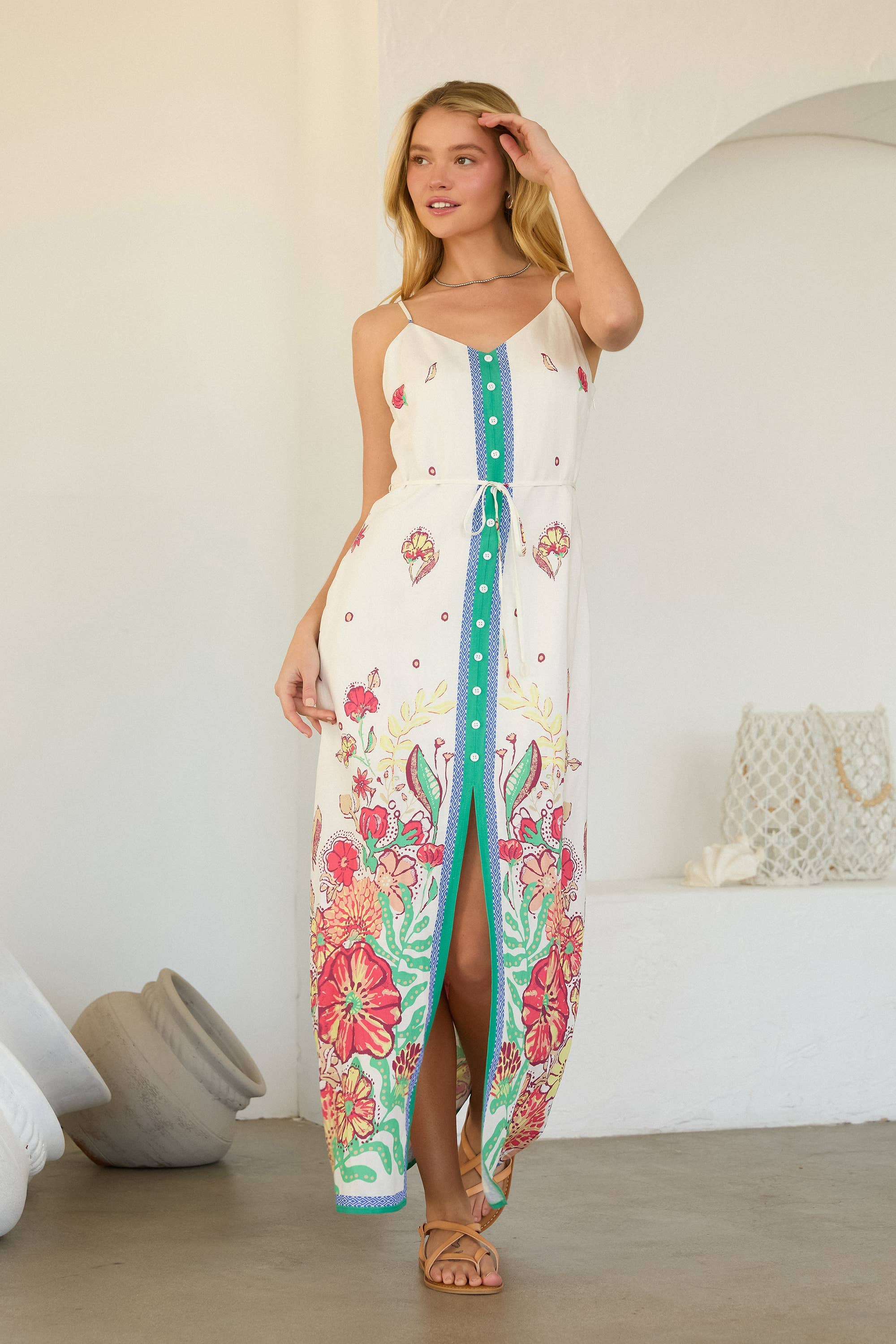 Floral Border Button Front Long Dress: Green-Coral / XS