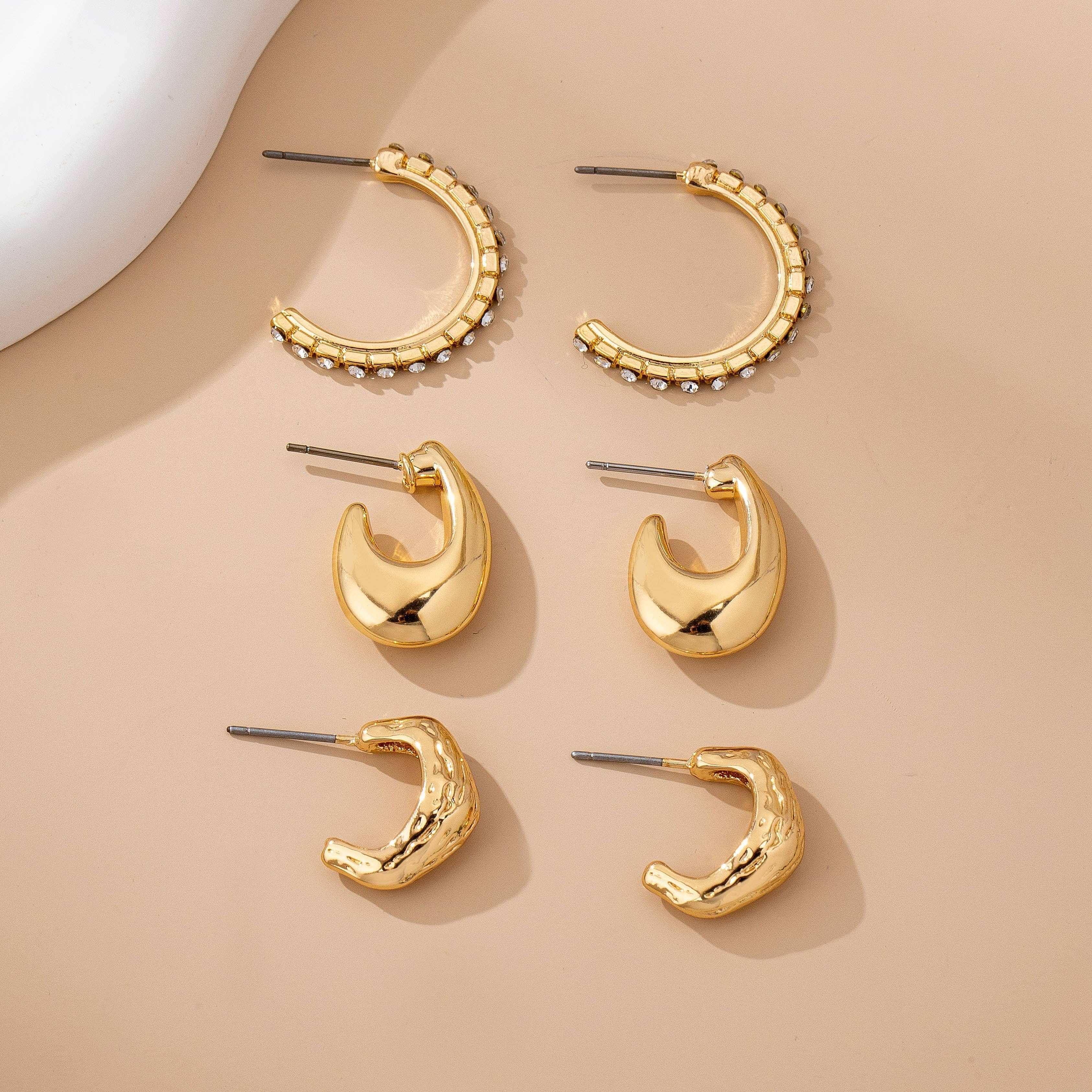 Tapered Rhinestone Huggie Hoop Trio Earring | 80E61671: GOLD