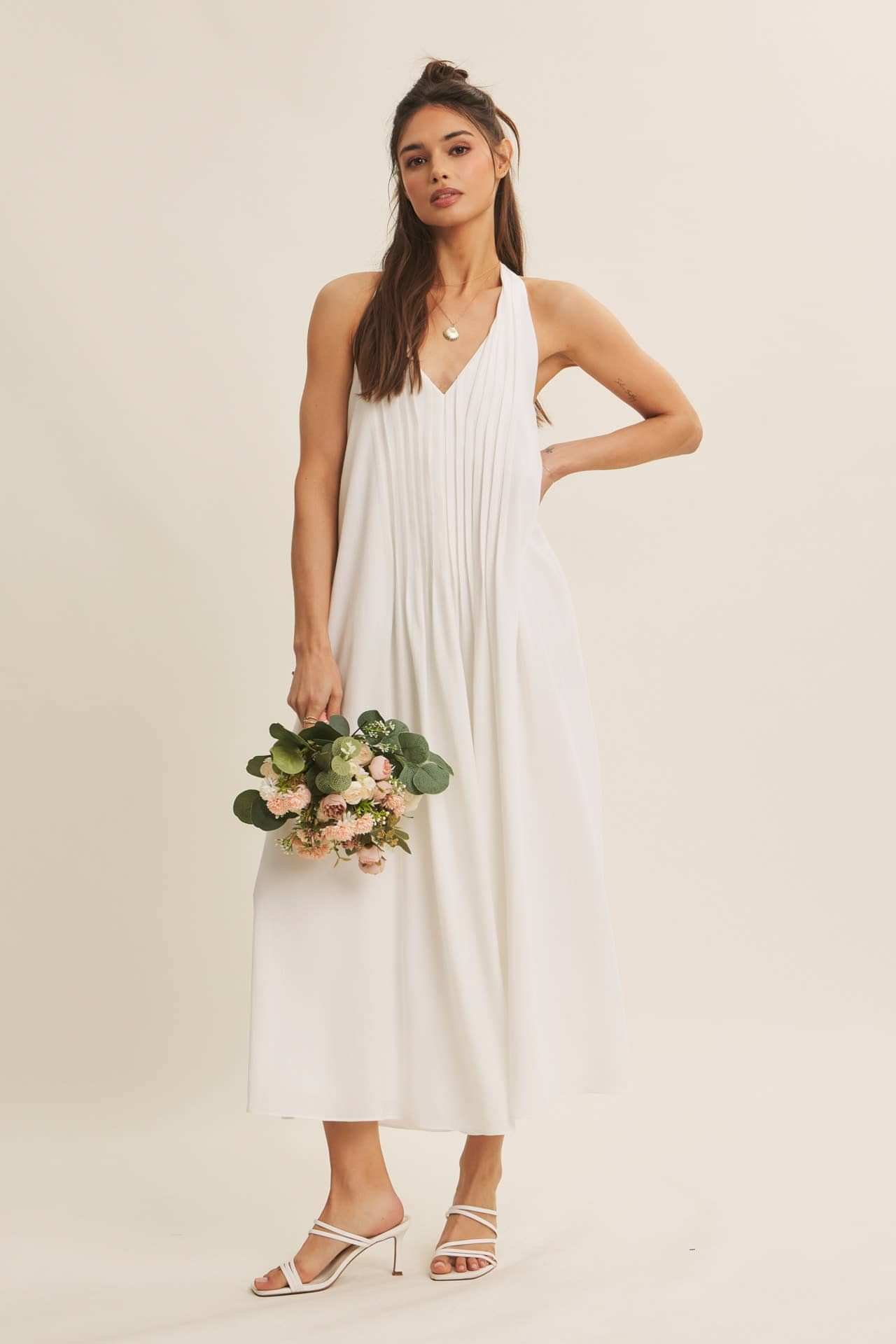 Serene Pintuck Halter Midi Dress – Off White