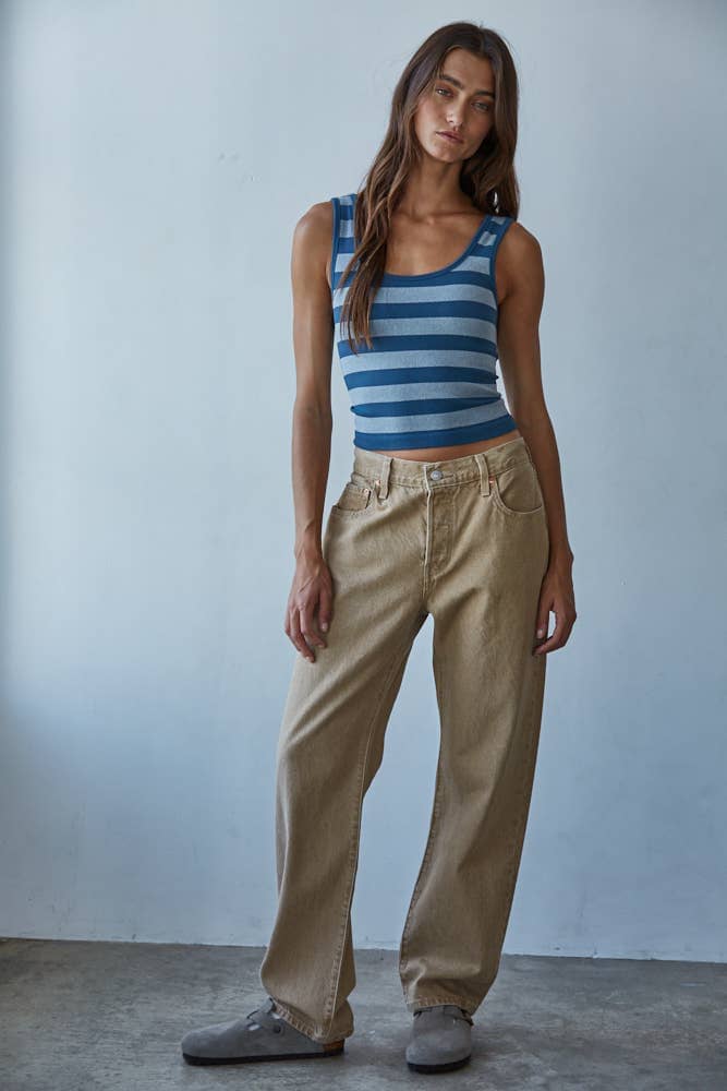 S1309N | Knit Striped Seamless Padded Tank Top : Navy / ML