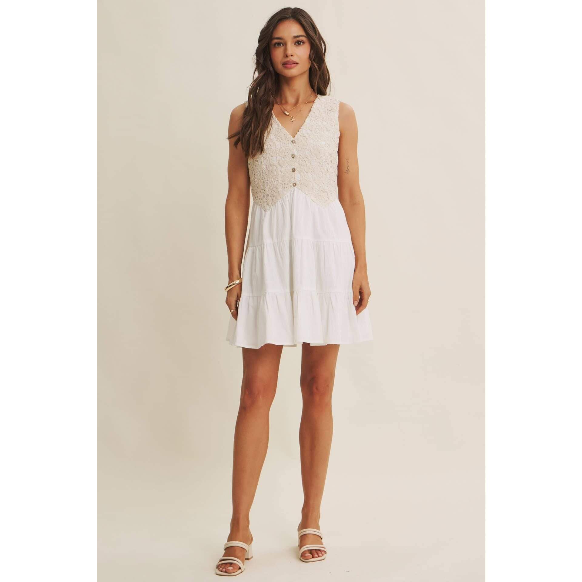 FRENCH PICNIC MIXED MEDIA COTTON CROCHET MINI DRESS: OFF WHITE / S