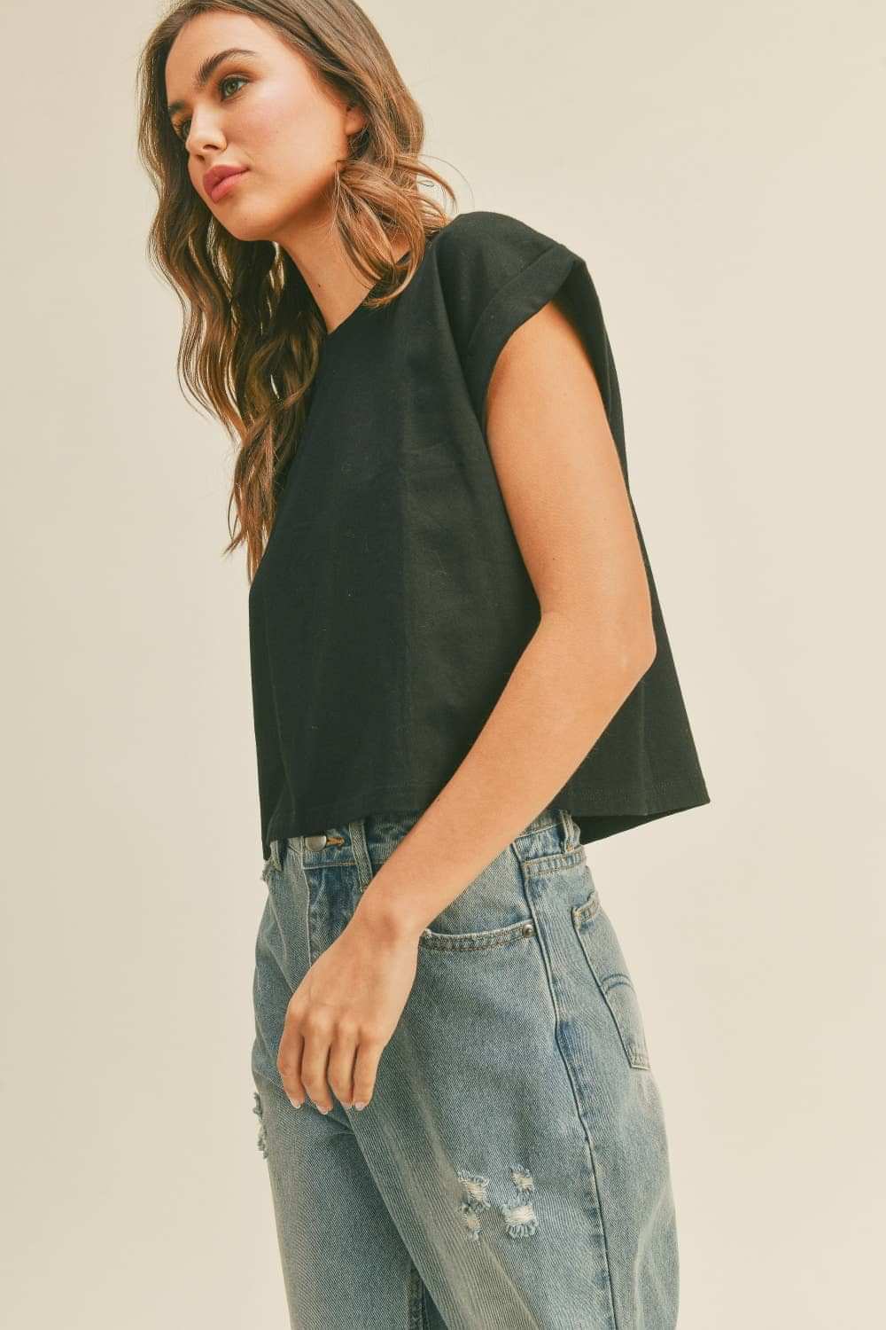 Midnight Cotton Cuffed Sleeve Cropped Top