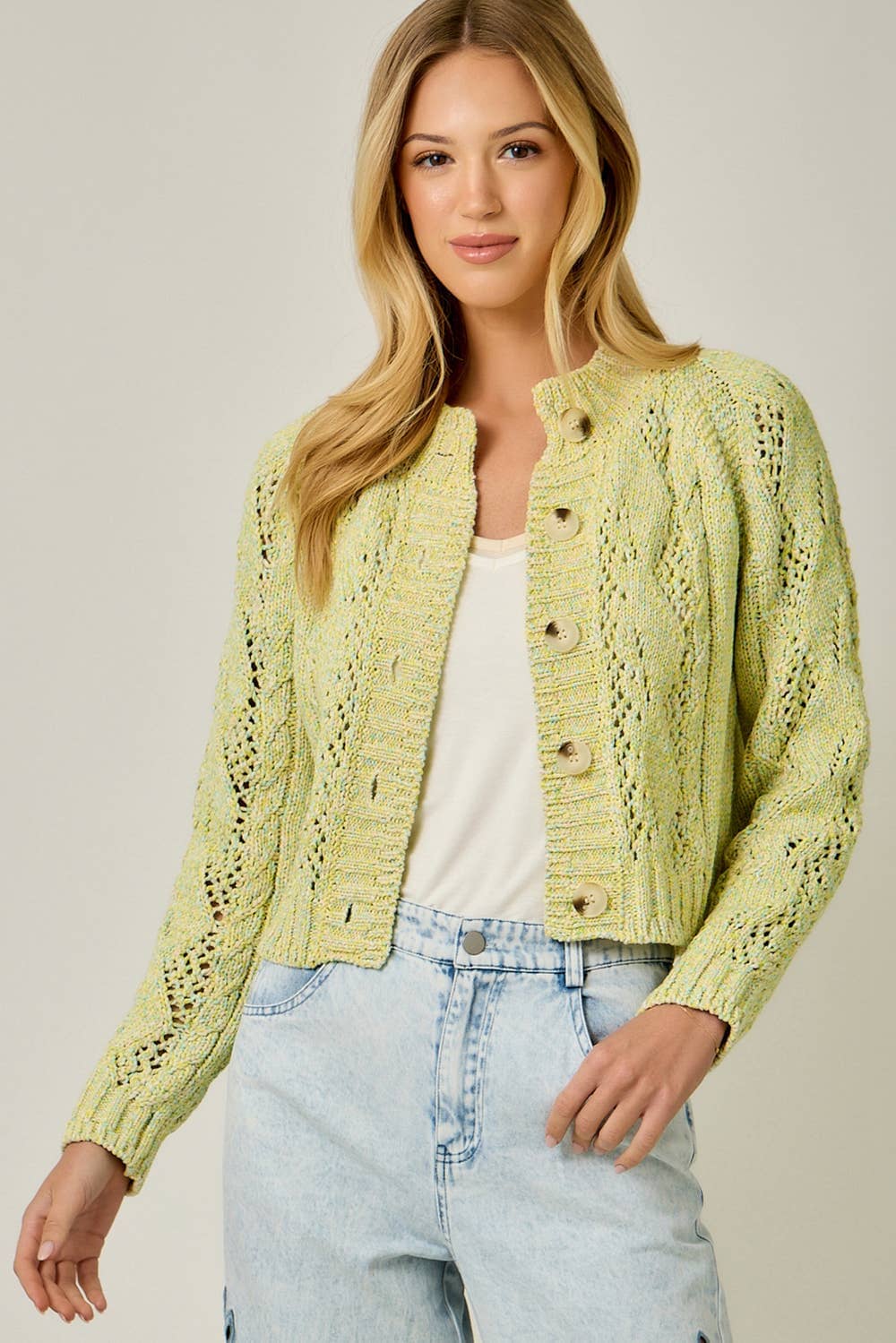 61380 Multicolor Cable Knit Cardigan: Yellow Multi / Medium