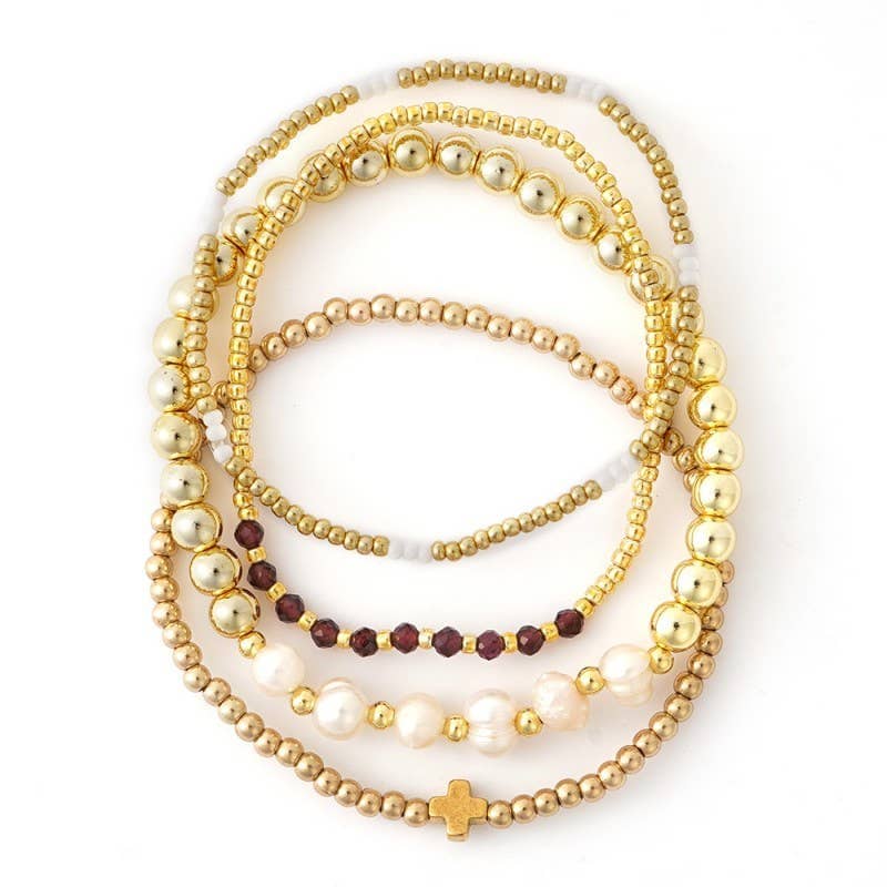 MULTI BALL PEARL CHAIN STRETCH BRACELET | 40B5183: AMETHYST