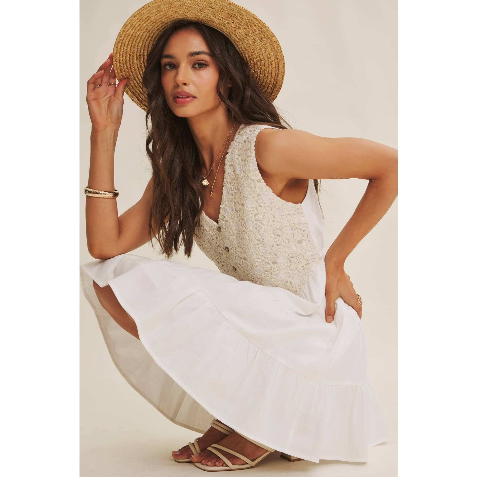 FRENCH PICNIC MIXED MEDIA COTTON CROCHET MINI DRESS: OFF WHITE / S