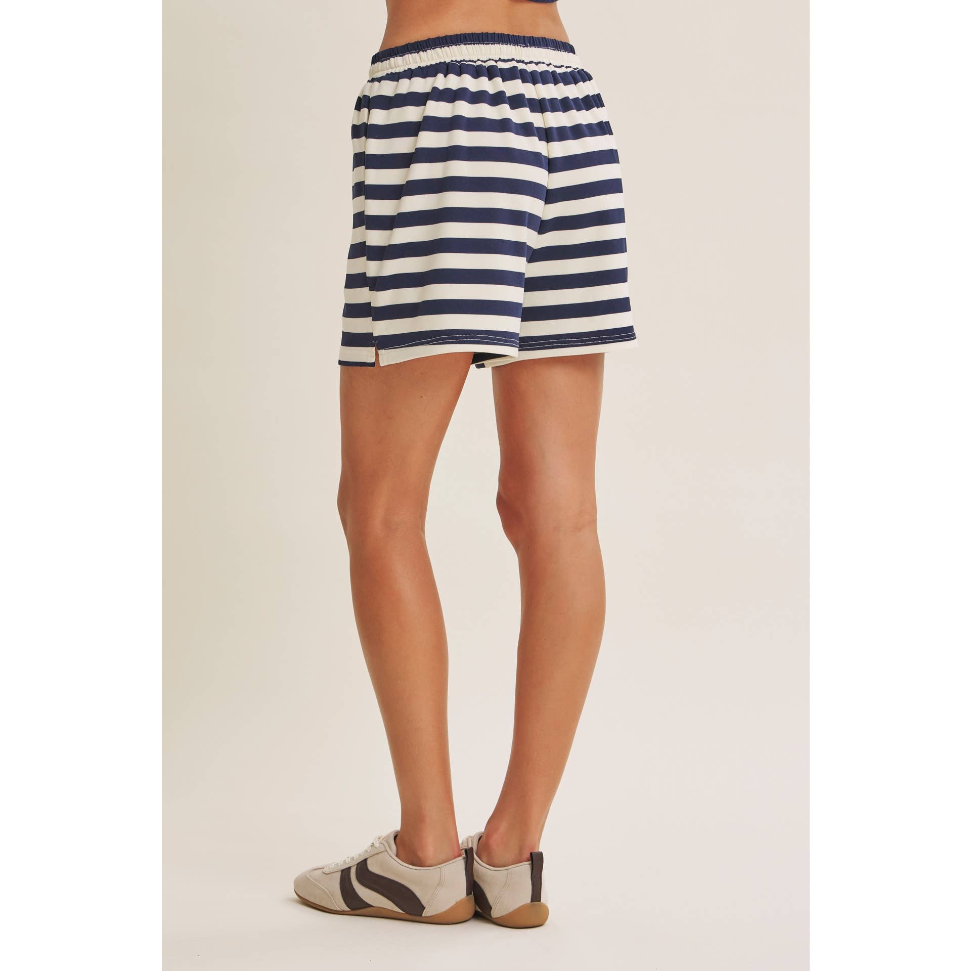 FRESH COASTAL STRIPE RELAXED FIT FRENCH TERRY LOUNGE SHORTS: TWILIGHT BLUE / S | Stella & Grace Boutique .