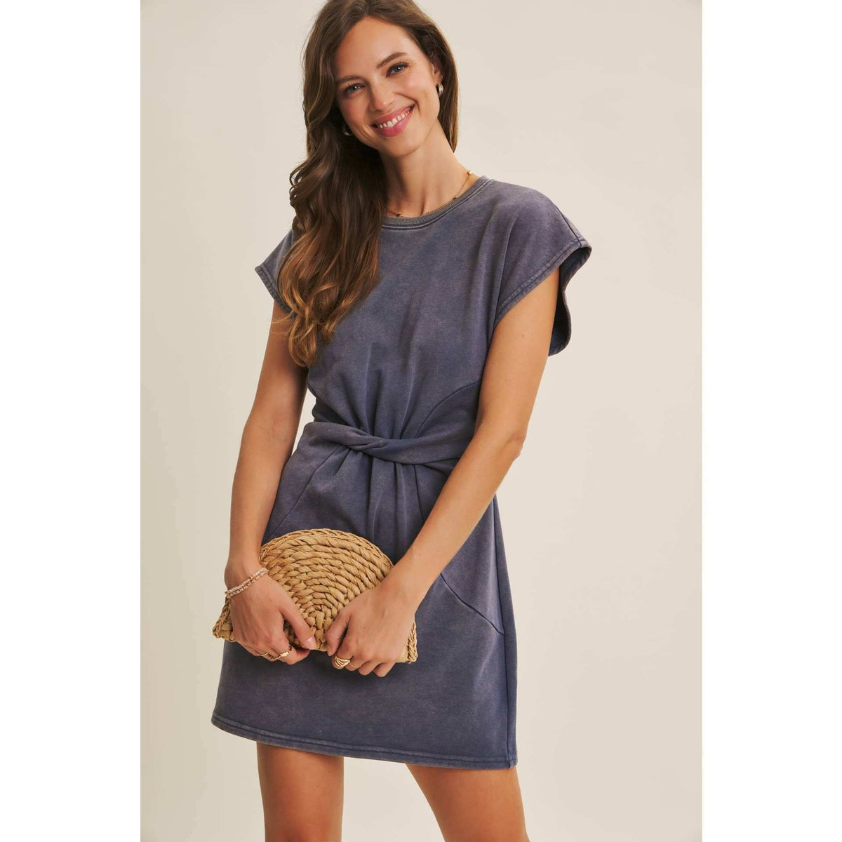 EASYGOING MINERAL-WASHED WAIST TWIST TERRY MINI DRESS: WASHED DENIM / S