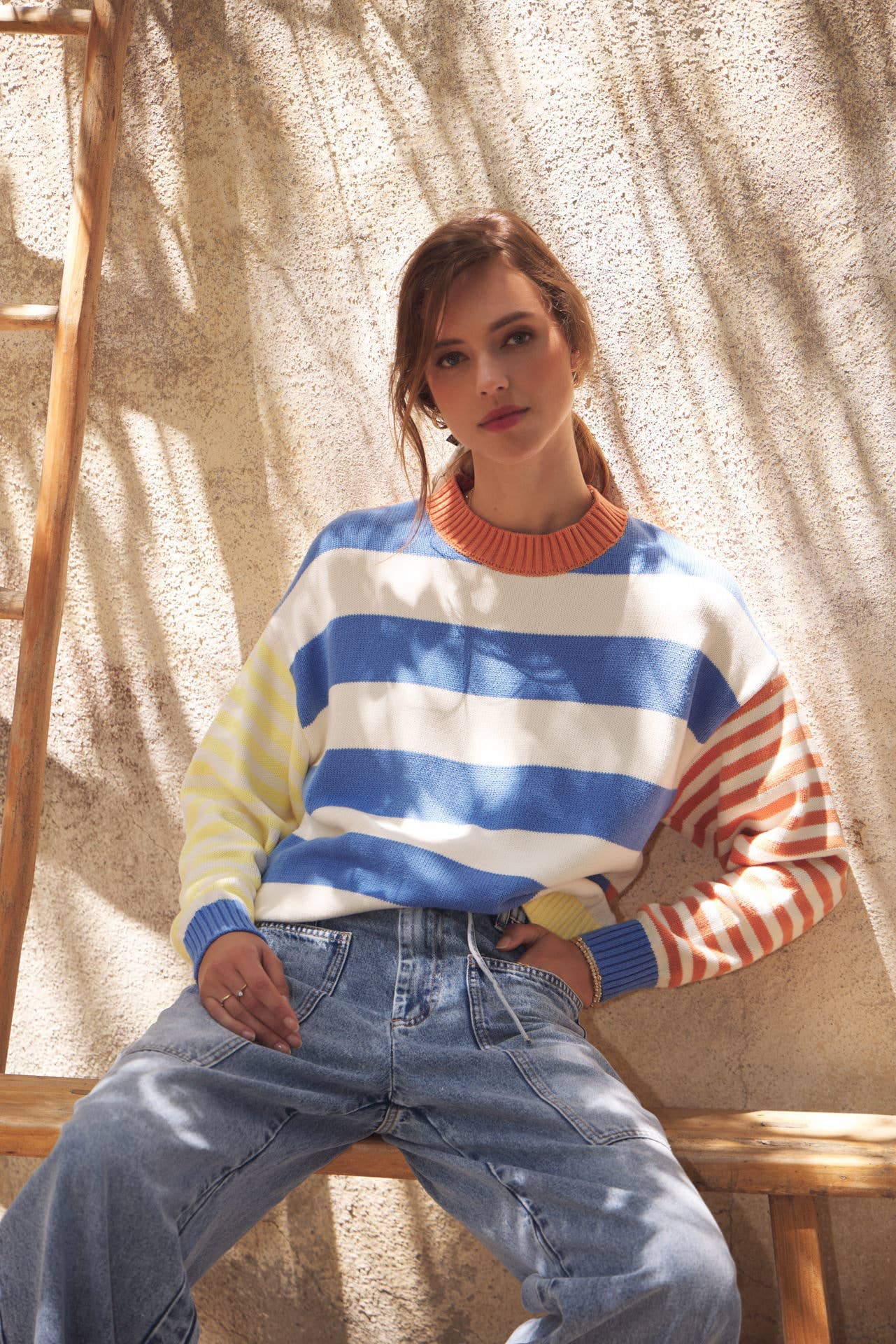 JOYFUL COLOR BLOCKED BOLD STRIPE RELAXED FIT COTTON SWEATER: BLUE/LEMON MULTI / S