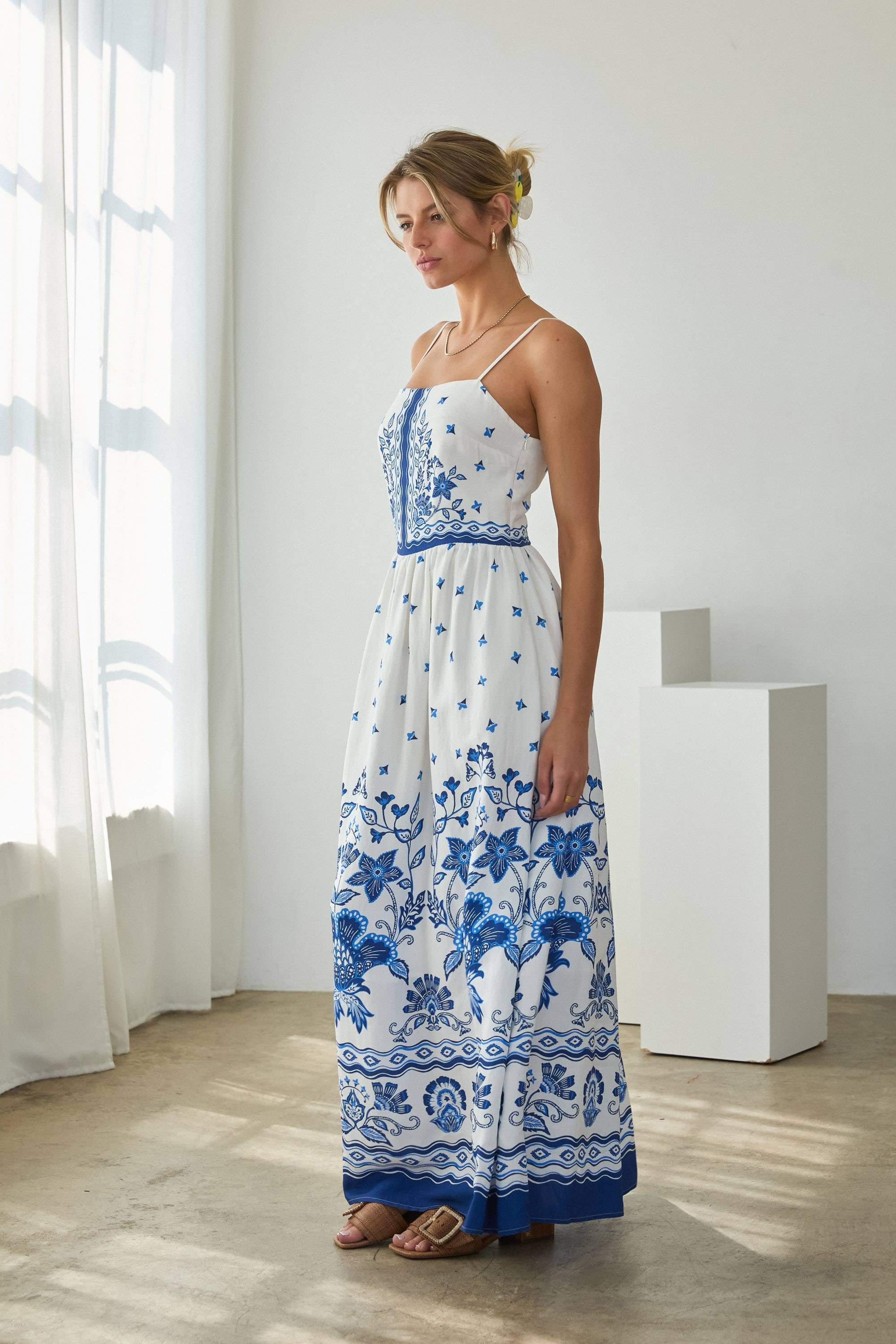 Serene Blue Floral Border Print Maxi Dress
