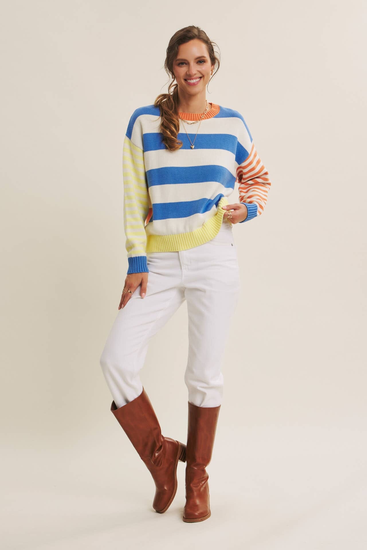 JOYFUL COLOR BLOCKED BOLD STRIPE RELAXED FIT COTTON SWEATER: BLUE/LEMON MULTI / S