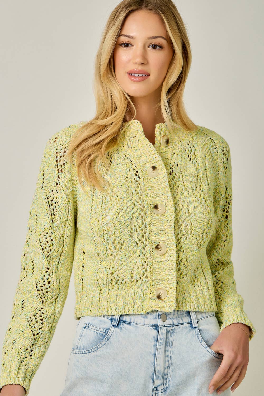61380 Multicolor Cable Knit Cardigan: Yellow Multi / Medium
