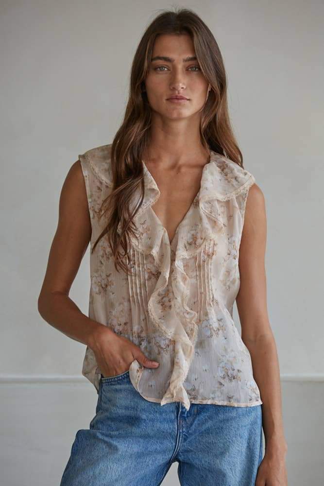 L9385T1 | Woven Polyester Floral Print V-Neck Sleeveless Top: Taupe Multi / S