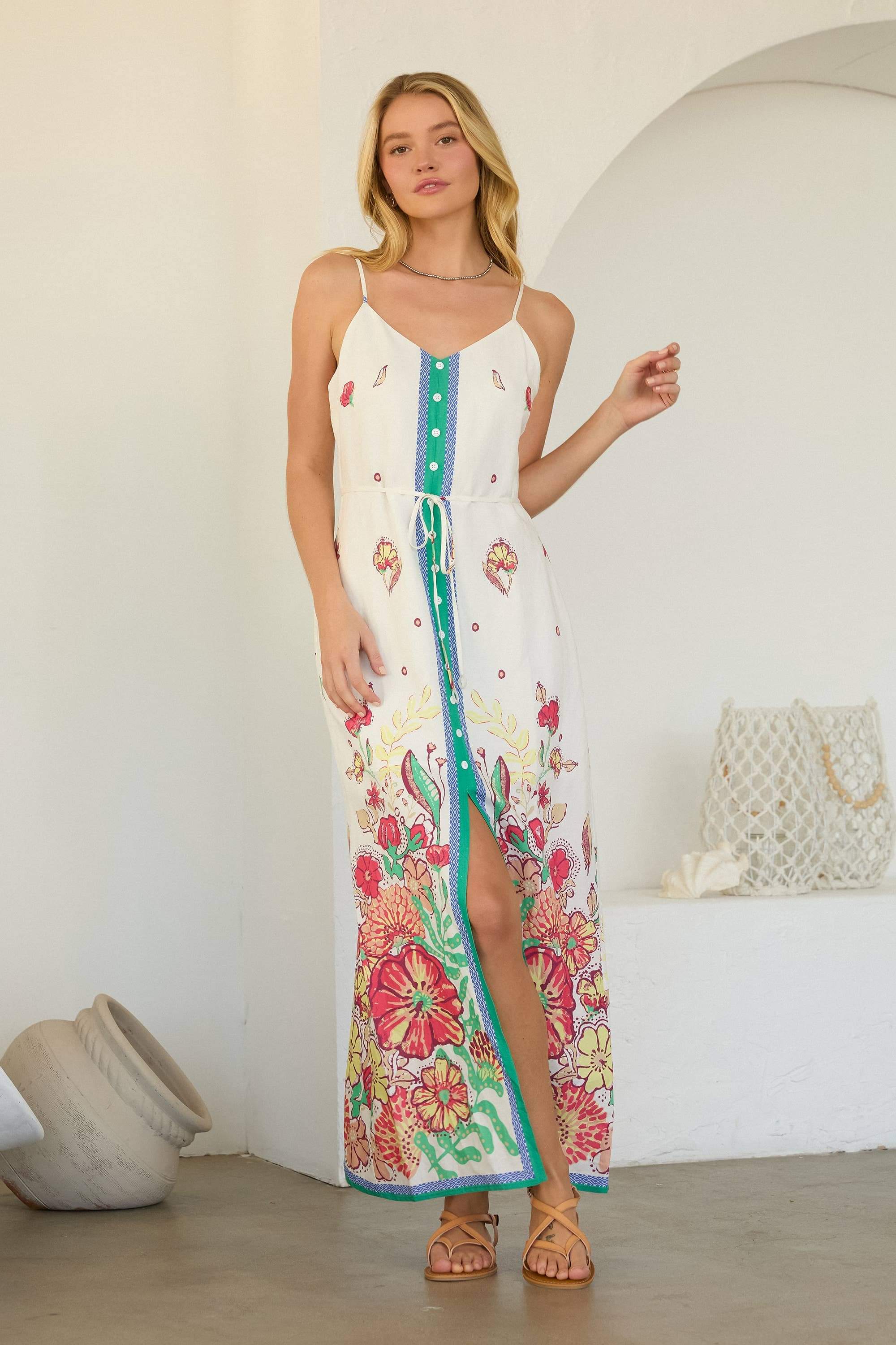Floral Border Button Front Long Dress: Green-Coral / XS