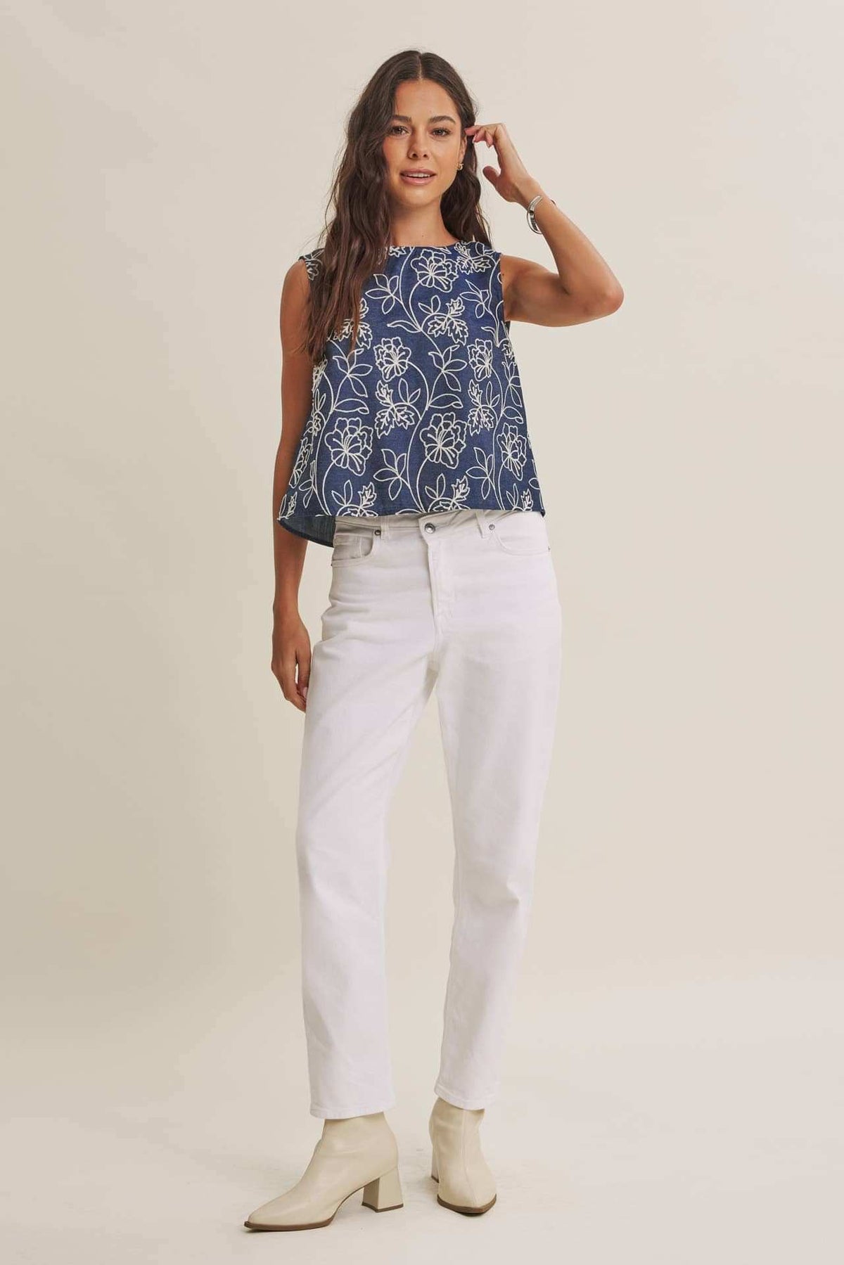Coastal Chambray Embroidered Blouse with Statement Bow Back