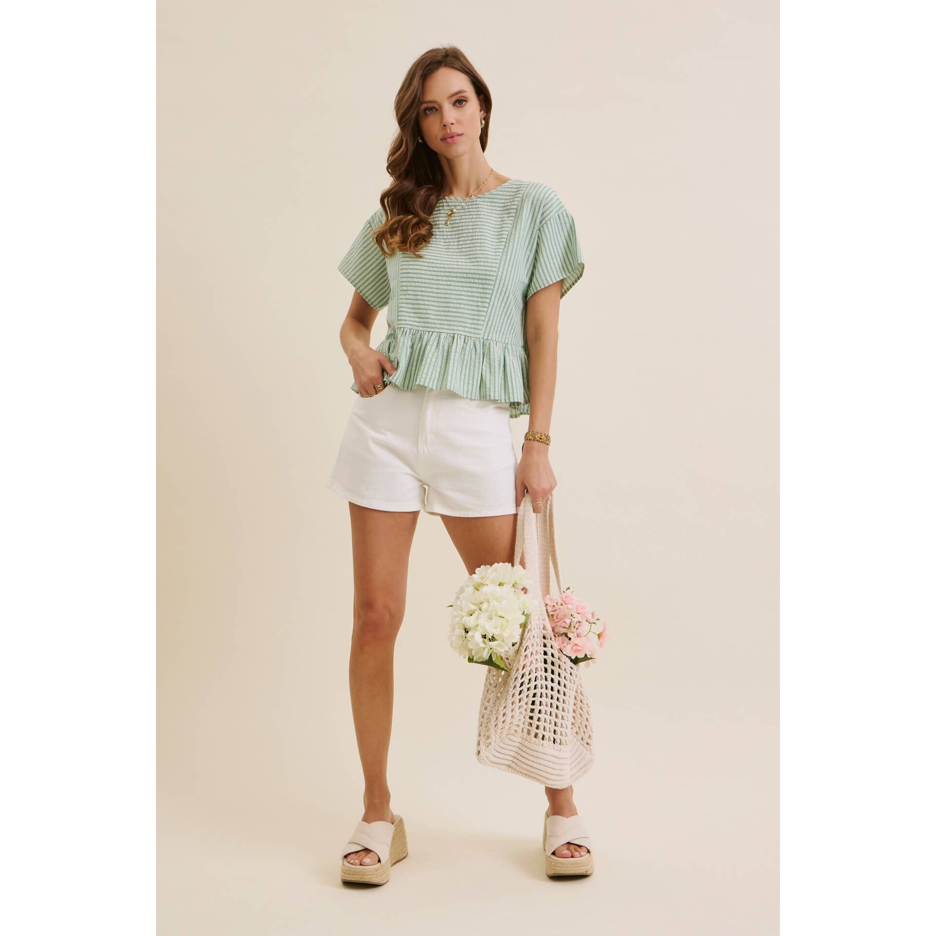 Clover Green Textured Stripe Babydoll Peplum Blouse