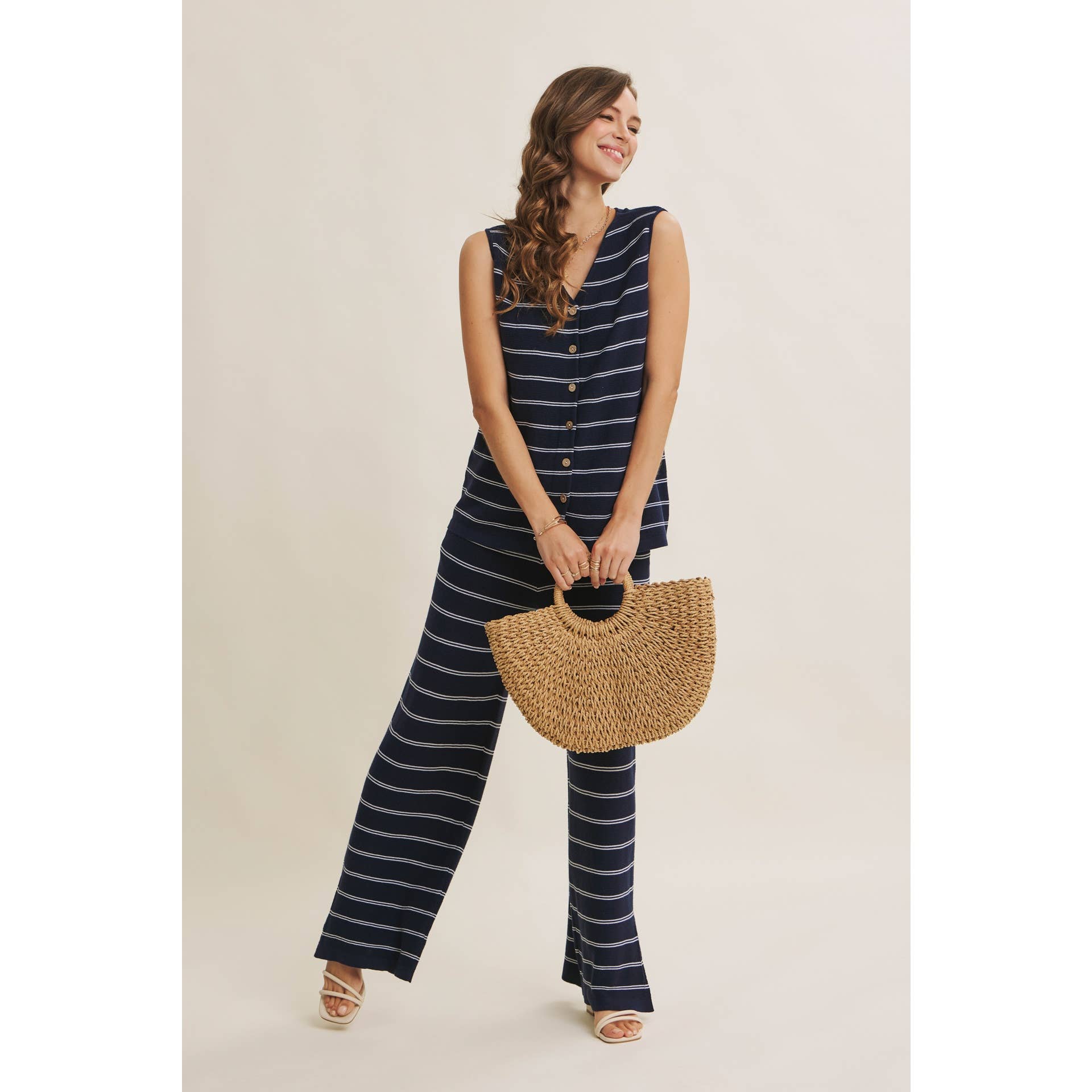 BAYSIDE LEISURE STRIPED BUTTON-DOWN LINEN BLEND SWEATER TOP: NAVY/CREAM / S | Stella & Grace Boutique .