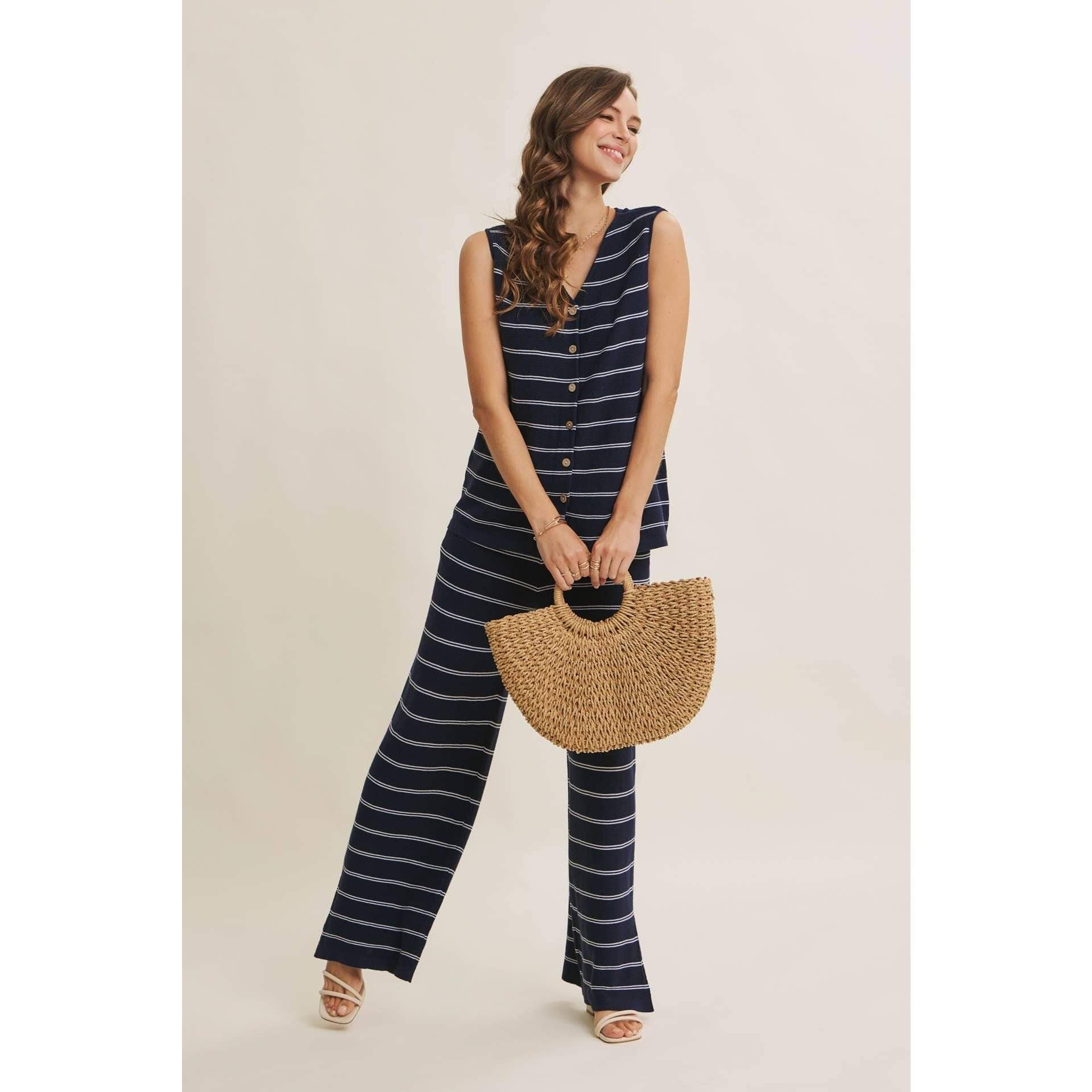 Navy Stripe Linen-Cotton Sleeveless Sweater Top