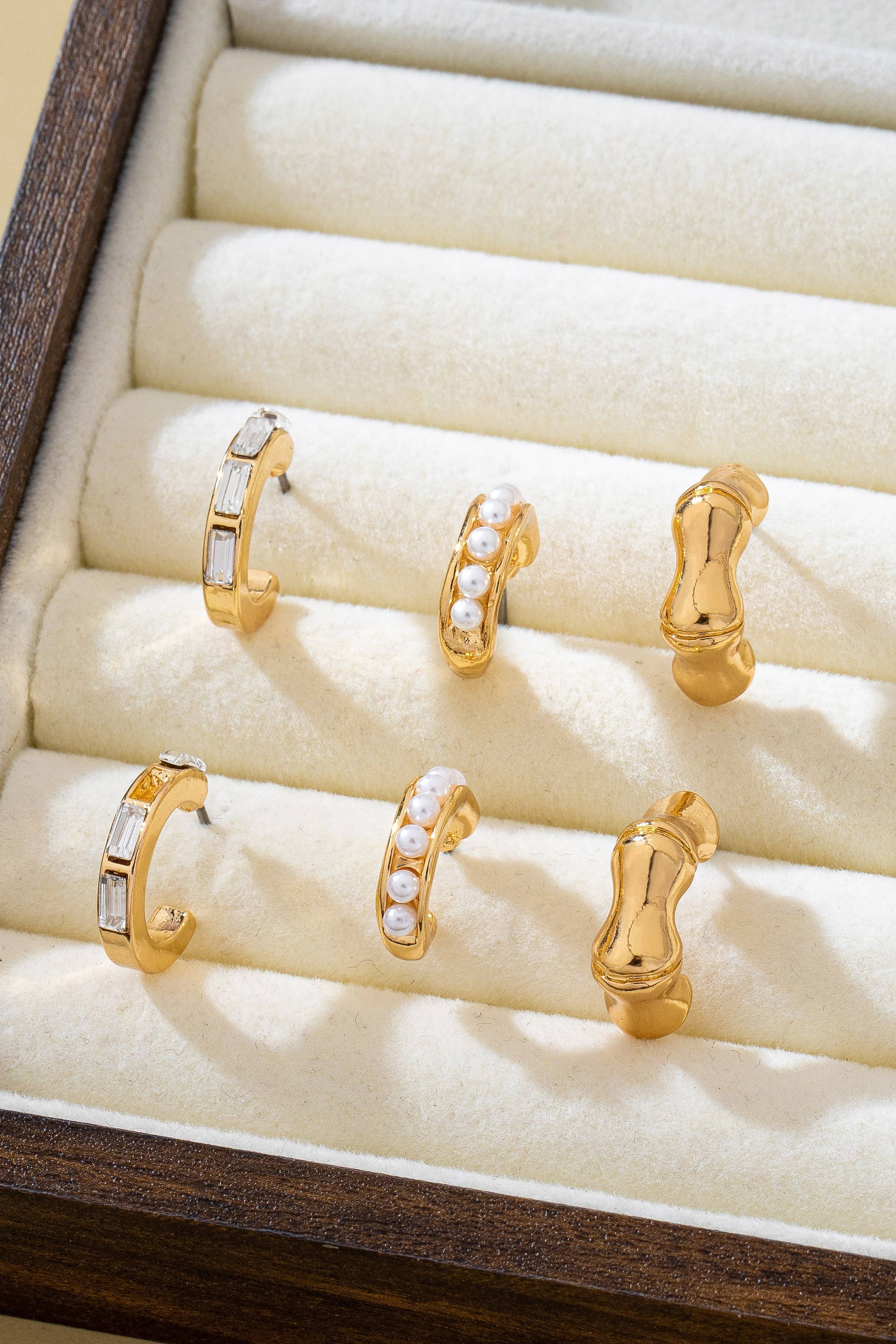 Pearl Rhinestone Multi Hoop Trio Earrings | 80E62031: GOLD