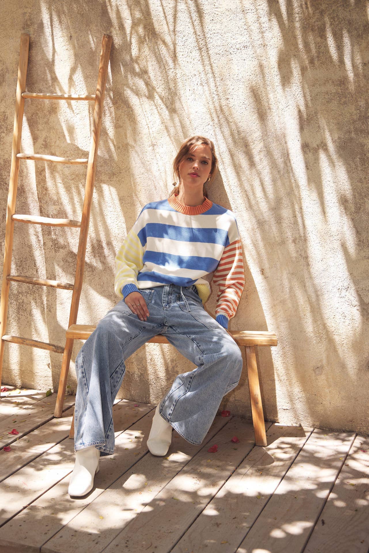 JOYFUL COLOR BLOCKED BOLD STRIPE RELAXED FIT COTTON SWEATER: BLUE/LEMON MULTI / S