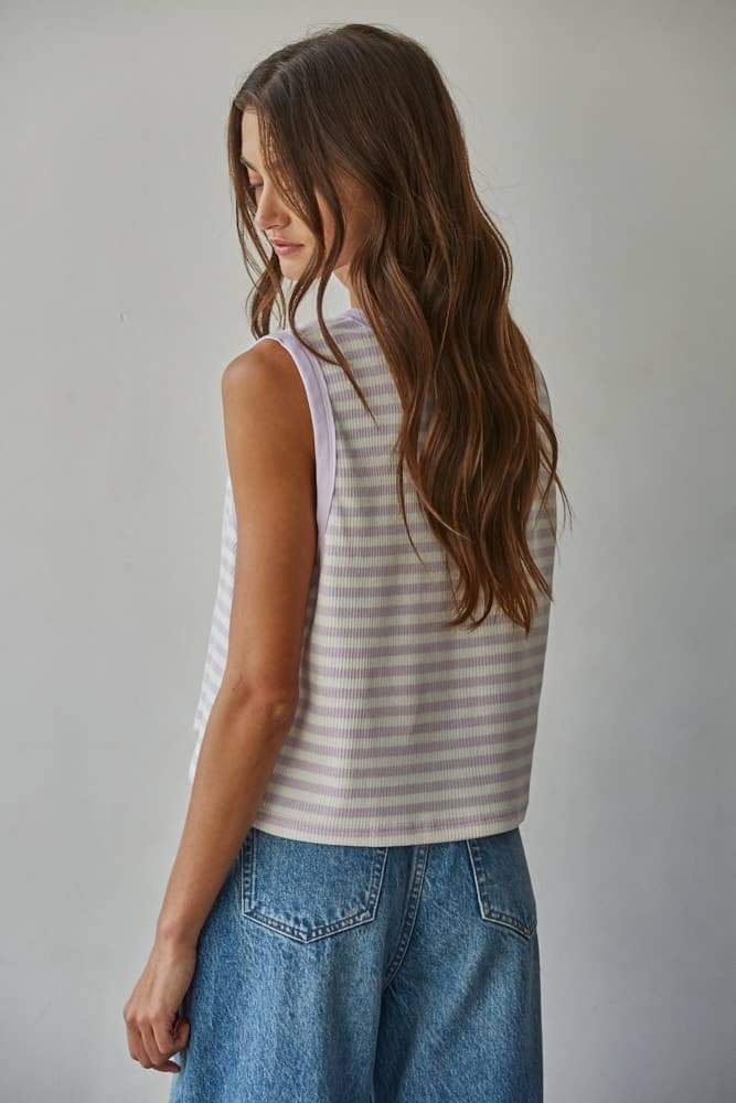 L9705 | Knit Cotton Spandex Striped Ribbed Sleeveless Top: Lavender / S