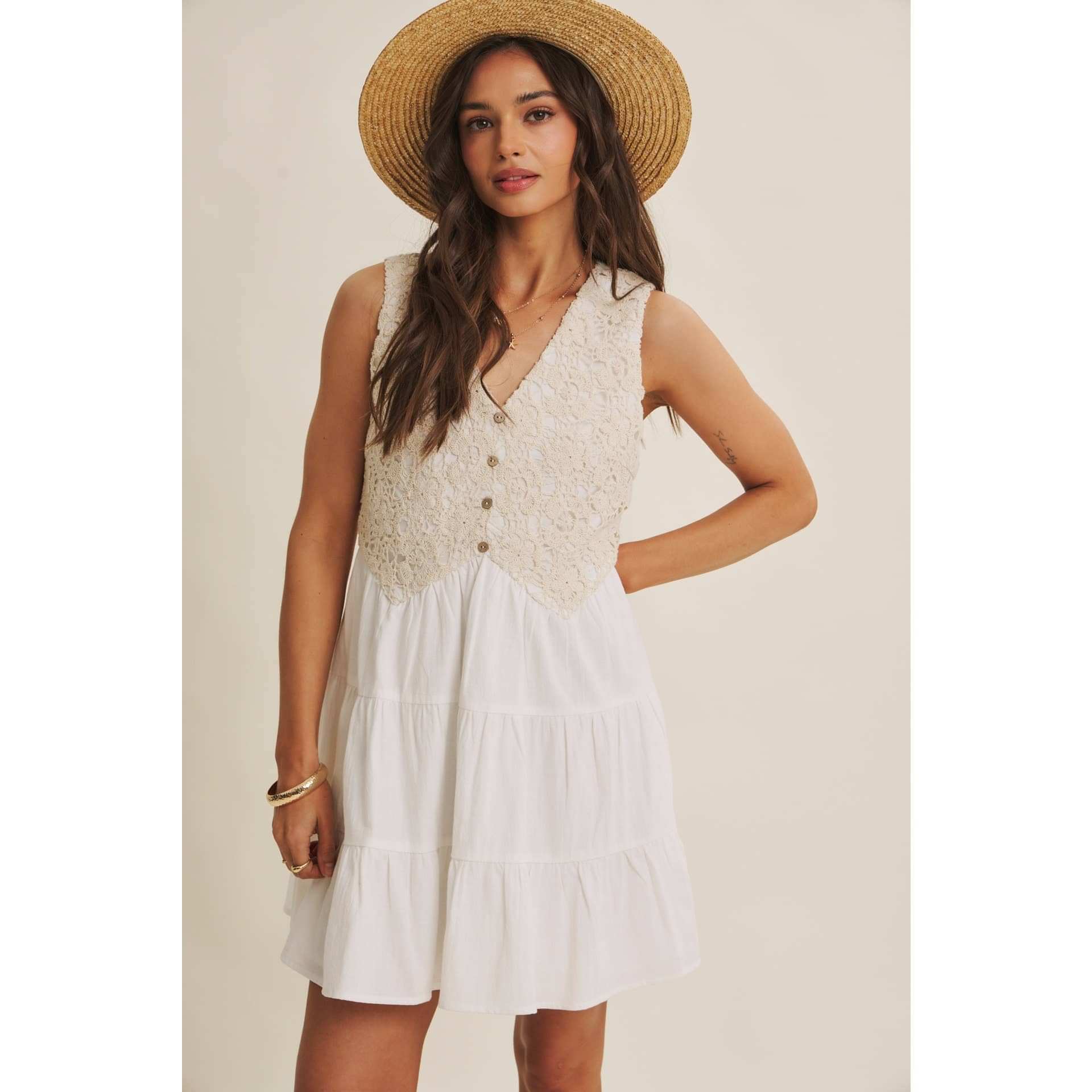 FRENCH PICNIC MIXED MEDIA COTTON CROCHET MINI DRESS: OFF WHITE / S