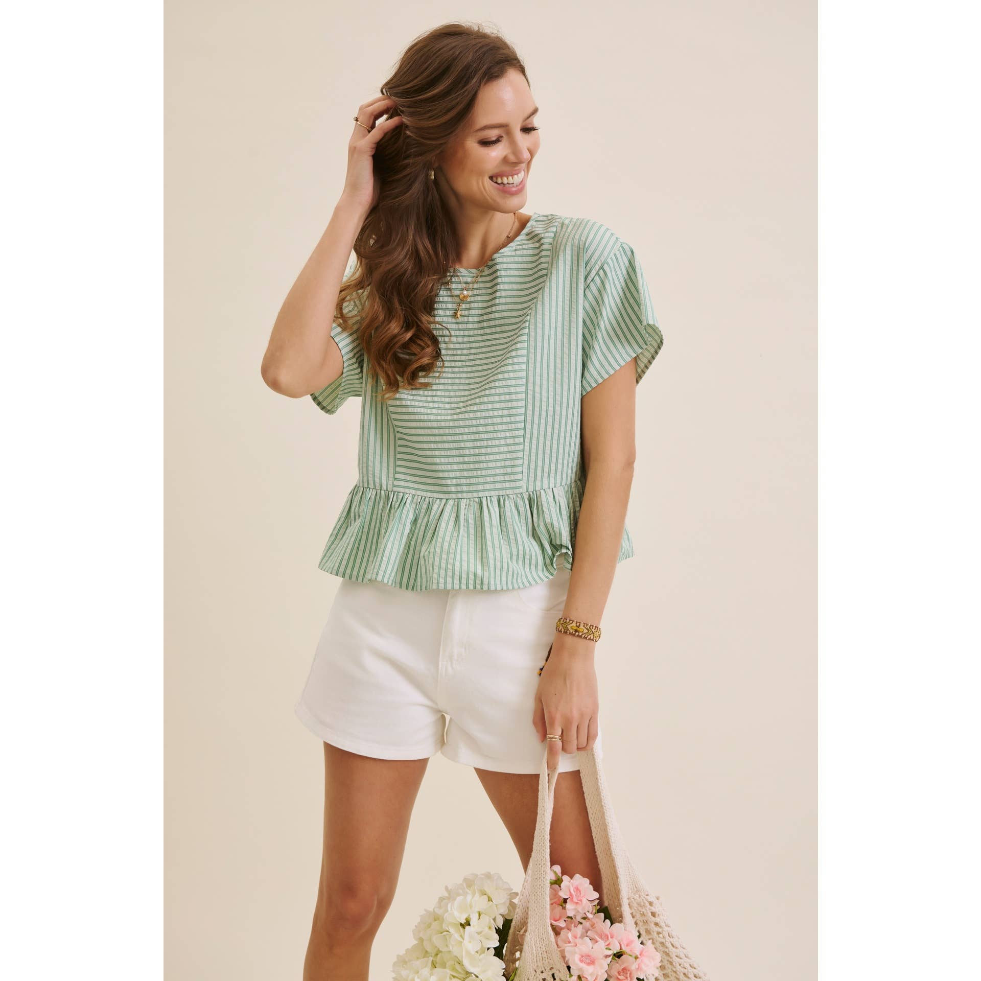 Clover Green Textured Stripe Babydoll Peplum Blouse