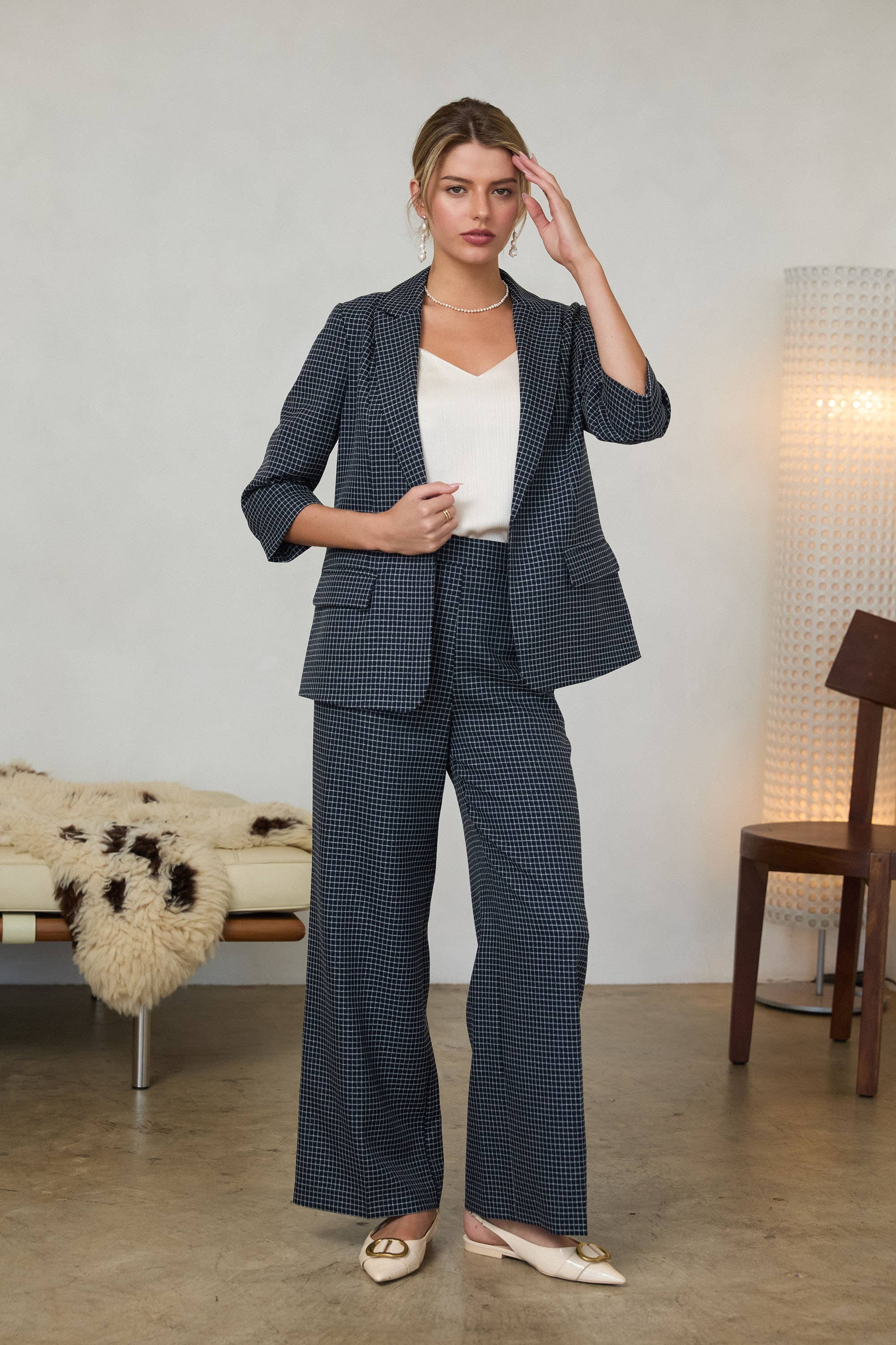Grid Print Cuffed 3/4 Sleeve Blazer: Navy / XS