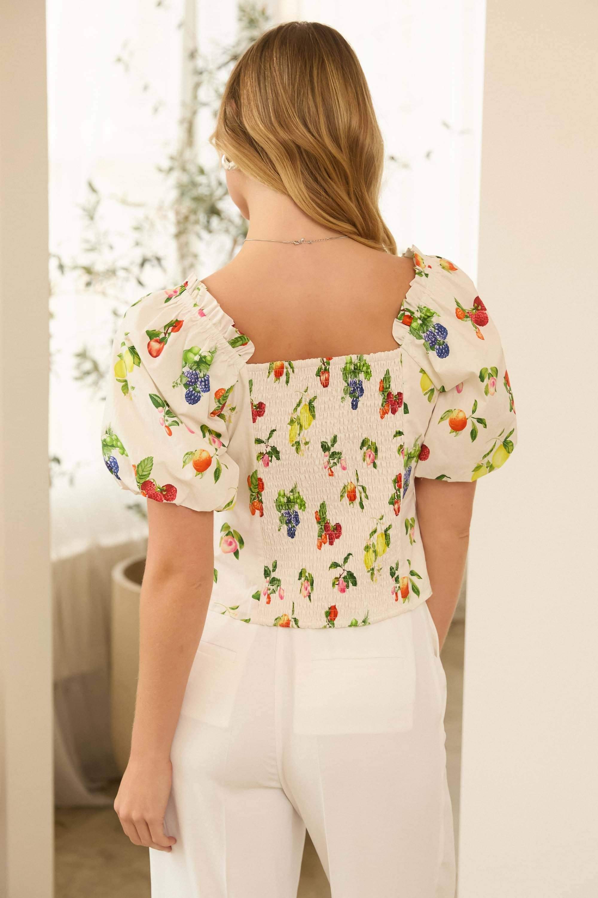 Fruit Print Puff Sleeve Blouse – White Multi