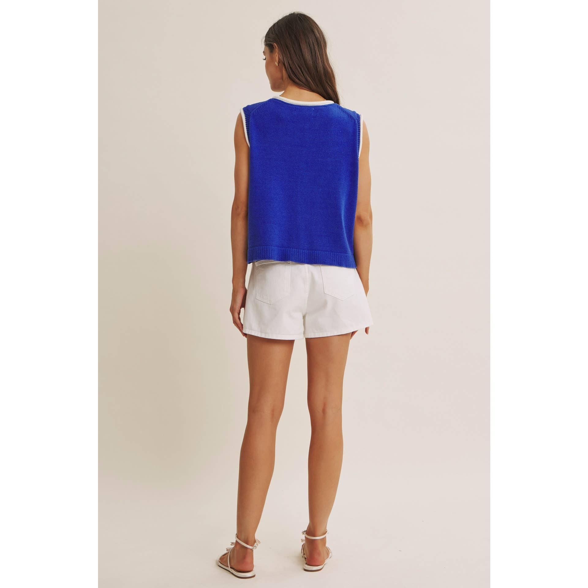 CONTEMPORARY COLOR POP BUTTON-DOWN SWEATER KNIT VEST: ROYAL BLUE / S | Stella & Grace Boutique .
