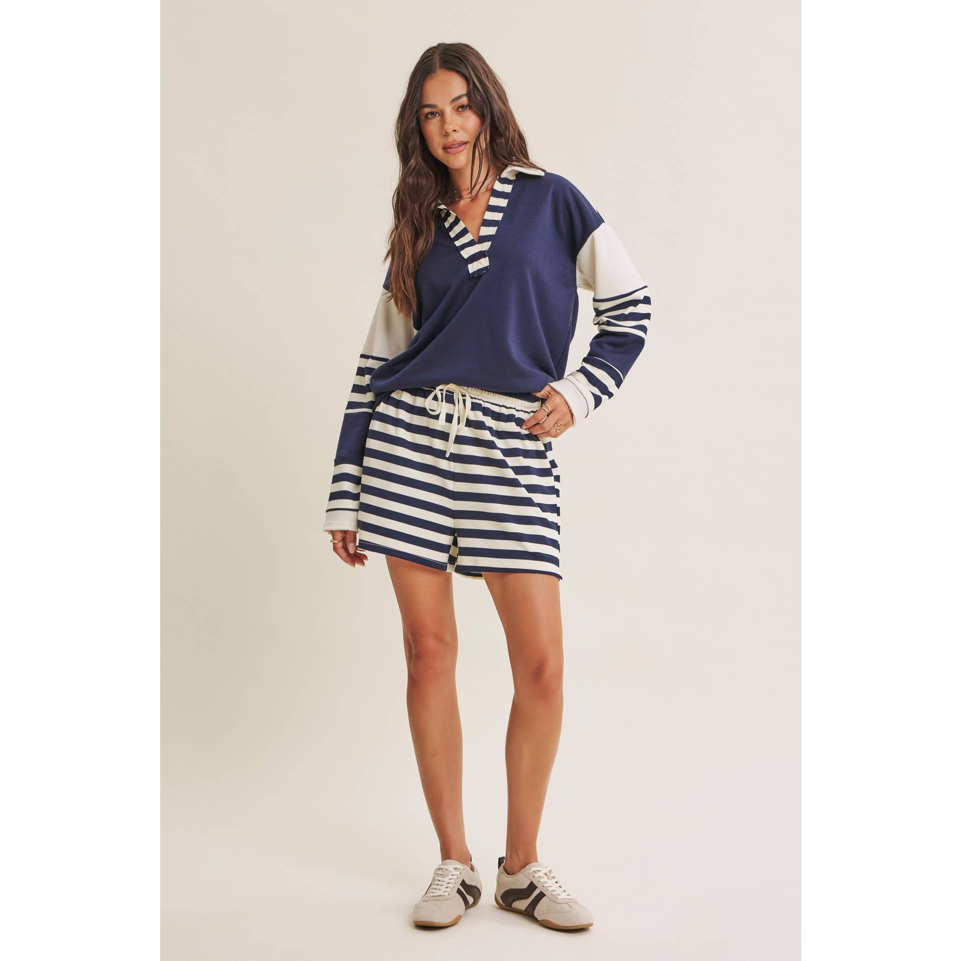 FRESH COASTAL STRIPE MIX RELAXED FIT FRENCH TERRY TOP: TWILIGHT BLUE / S | Stella & Grace Boutique .
