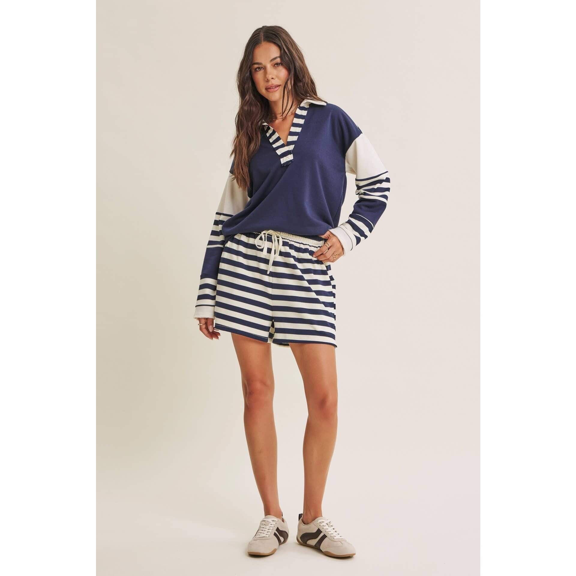 Coastal Stripe Relaxed French Terry Collared Top