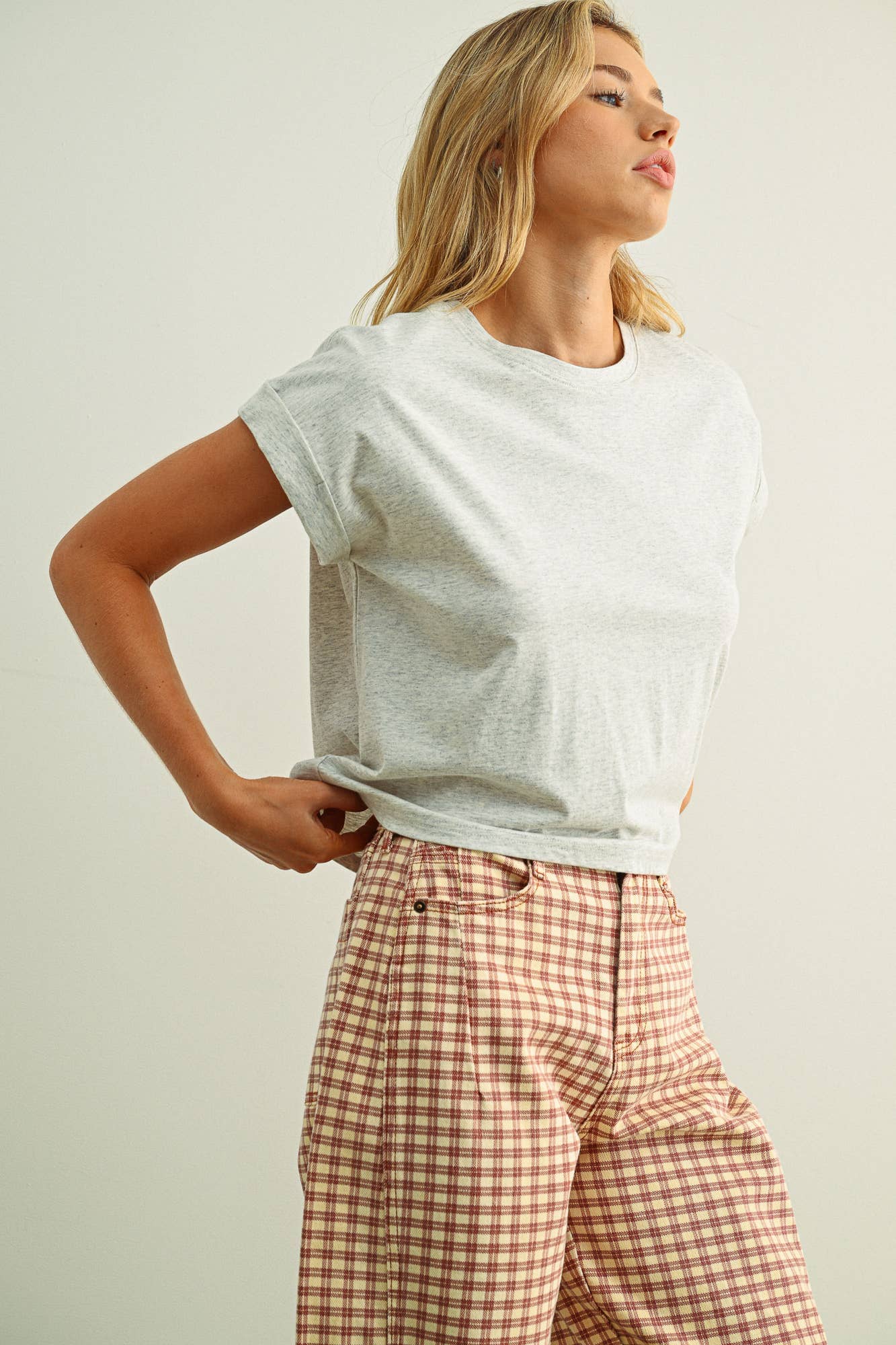 Heather Gray Round Neck Cuffed Sleeve Top