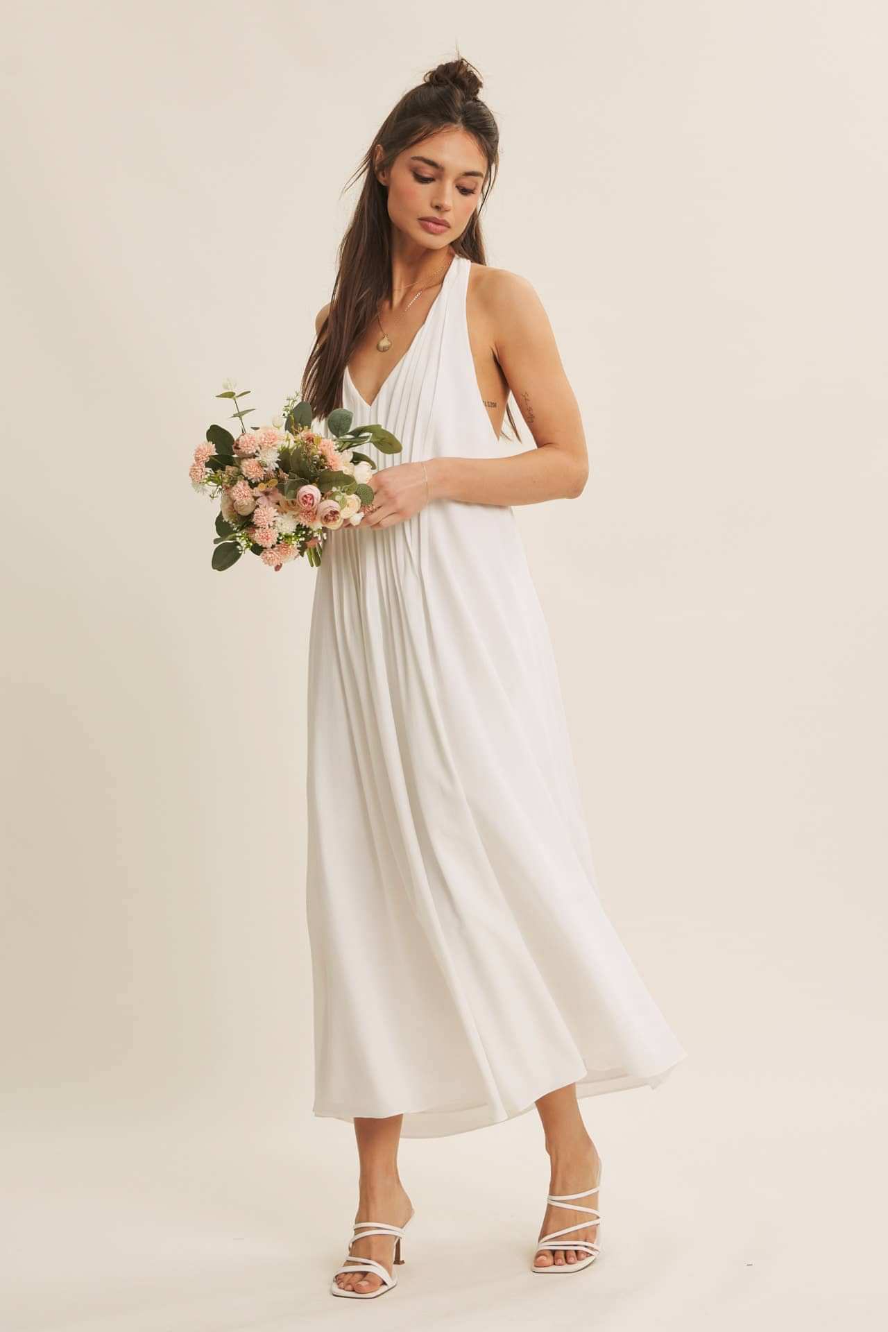 Serene Pintuck Halter Midi Dress – Off White