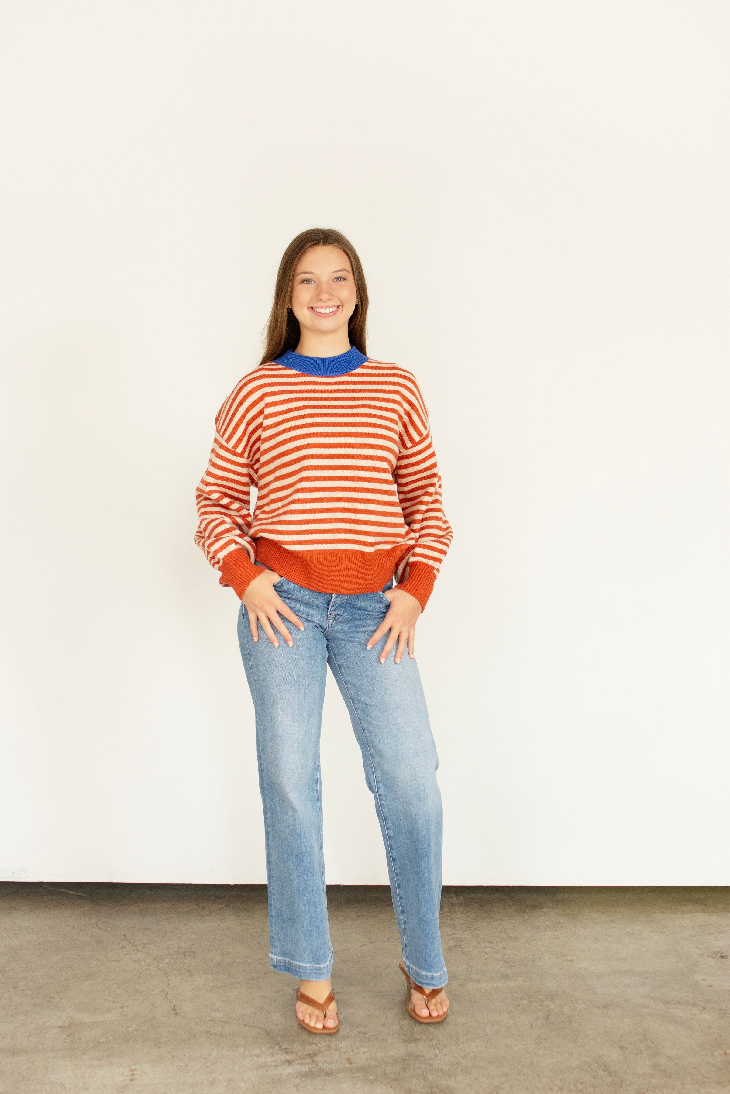 Cobalt Trim Striped Cropped Sweater – Pumpkin Orange