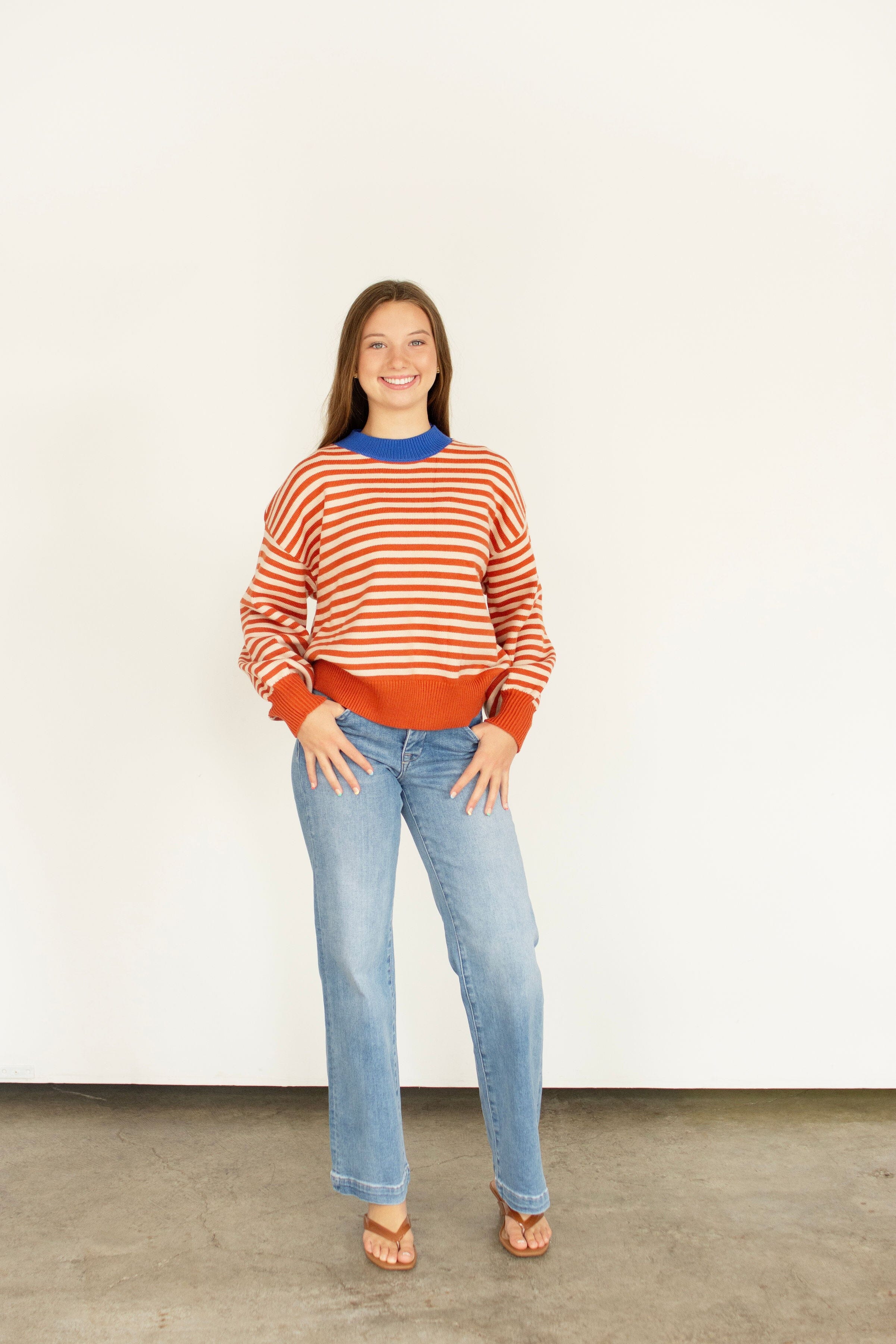 Cobalt Trim Striped Cropped Sweater – Pumpkin Orange